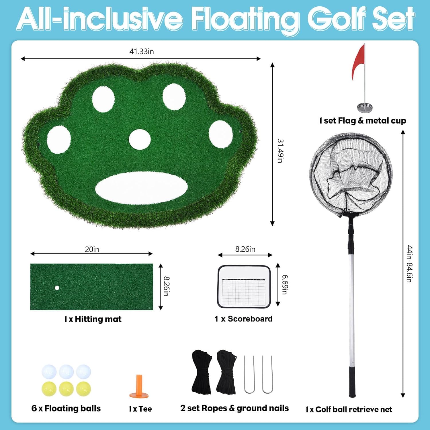 Floating Golf Green for Pool, Patented Pool Golf Game Floating Mat with Ball Retrieve Net/Scoreboard for Party & Training