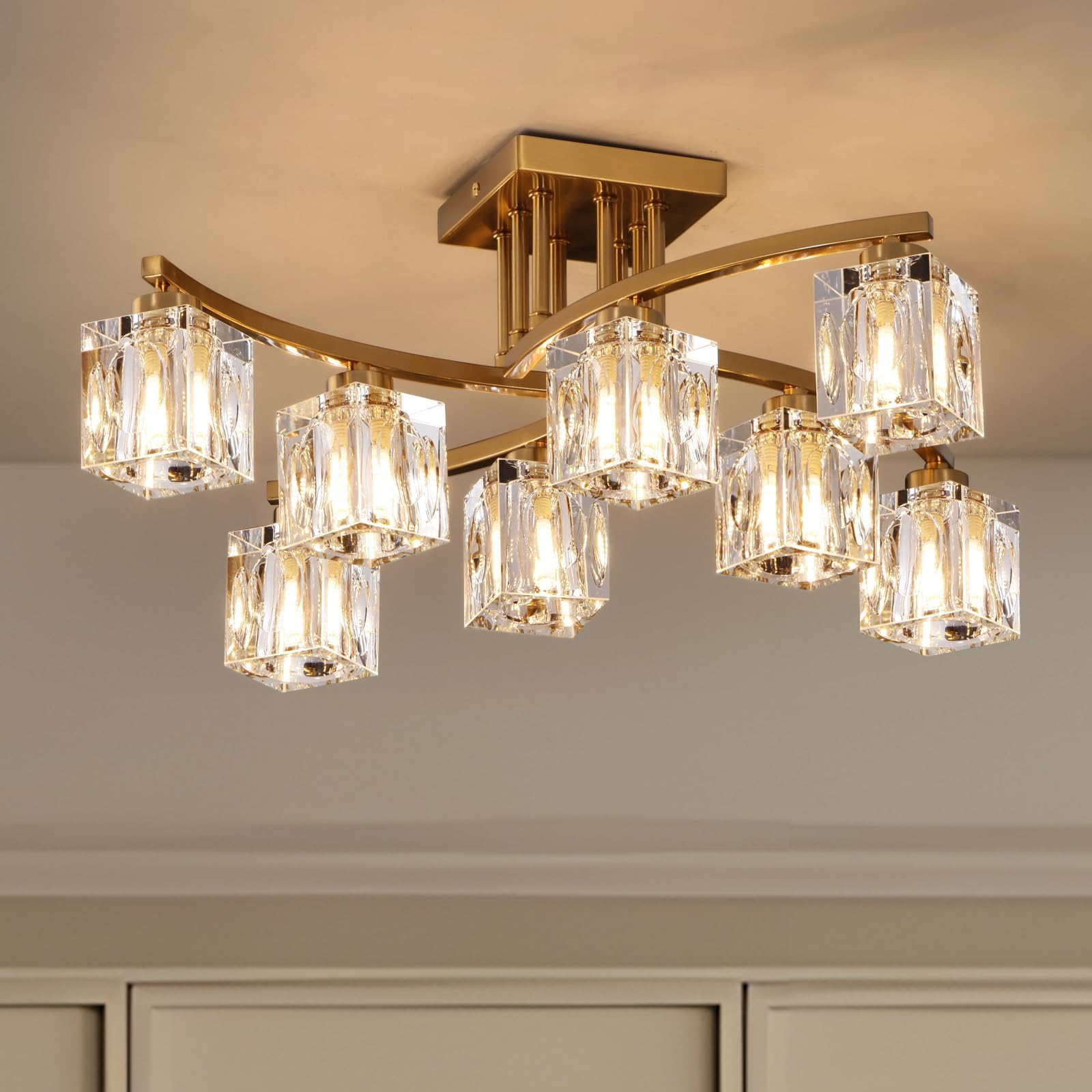Modern Crystal Ceiling Light Fixture Gold Semi Flush Mount Ceiling Light with 8-Lights Sputnik Chandeliers for Dining Room Living Room Kitchen Island Bedroom Entryway