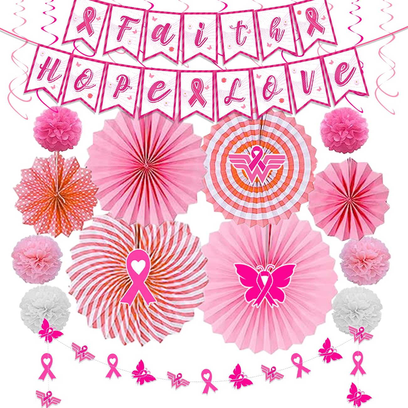 Photo 1 of Breast Cancer Awareness Decorations Breast Cancer Awareness Banner Pink Ribbon Breast Cancer Awareness Items Hanging Paper Fans Garlands Decoration for Breast Cancer Awareness Event Party Supplies