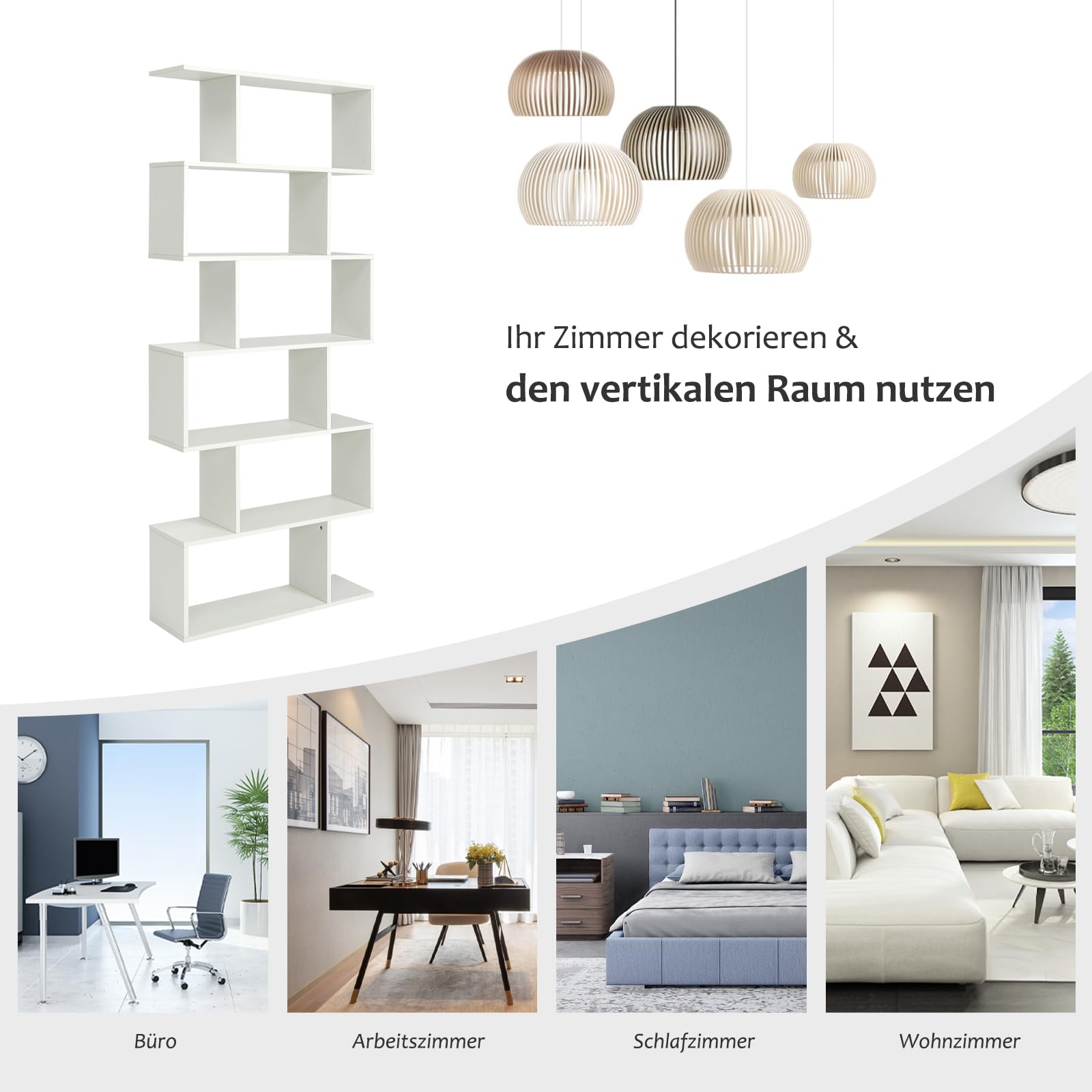 GOPLUS Bücherregal mit 6 Ebenen, Stufenregal aus Holz, Raumteiler Regal mit Kippschutz, Standregal Büroregal für Wohnzimmer, Büro, 80 x 23 x 191cm (Weiß, 6 Ebenen)