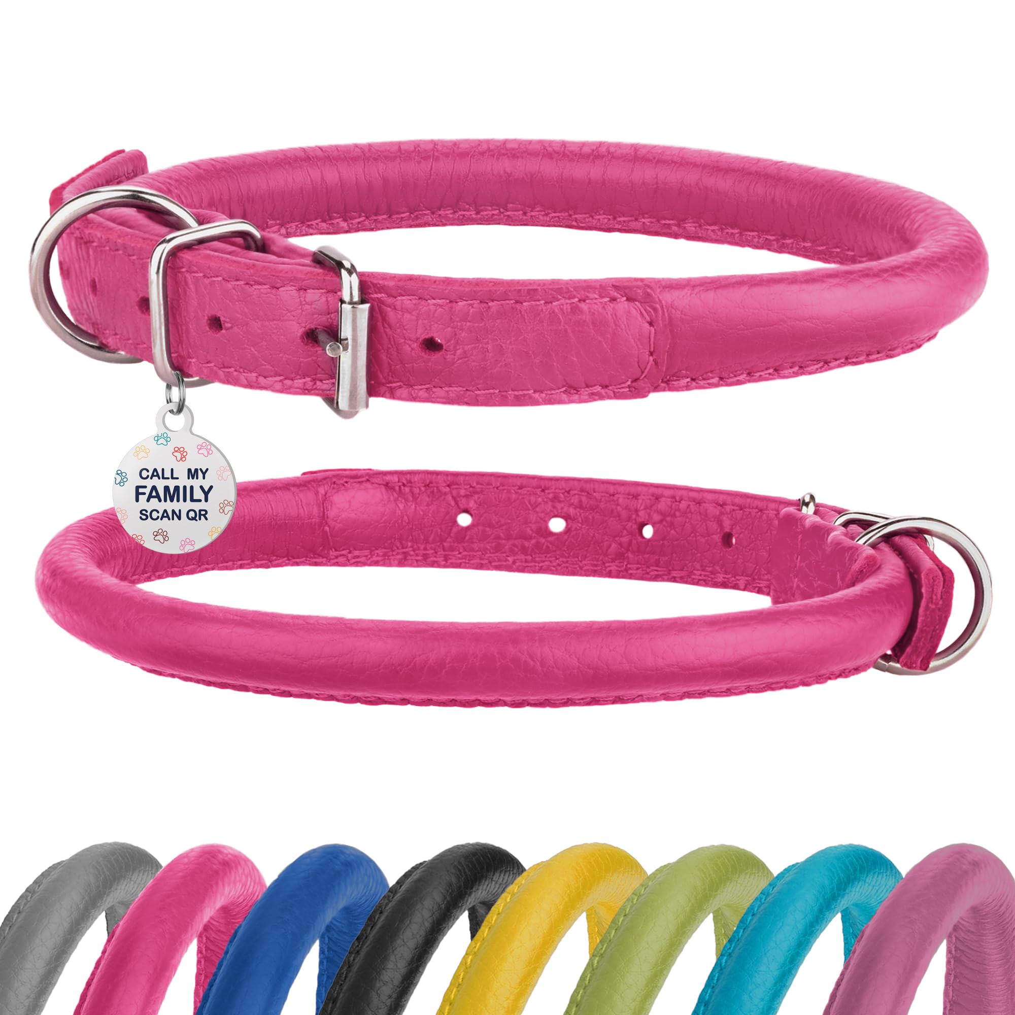 Rolled Leather Dog Collar Soft Round Collars, ID Tag for Small Medium Large Dogs (11-14 inch, Rose & Silver Buckle)