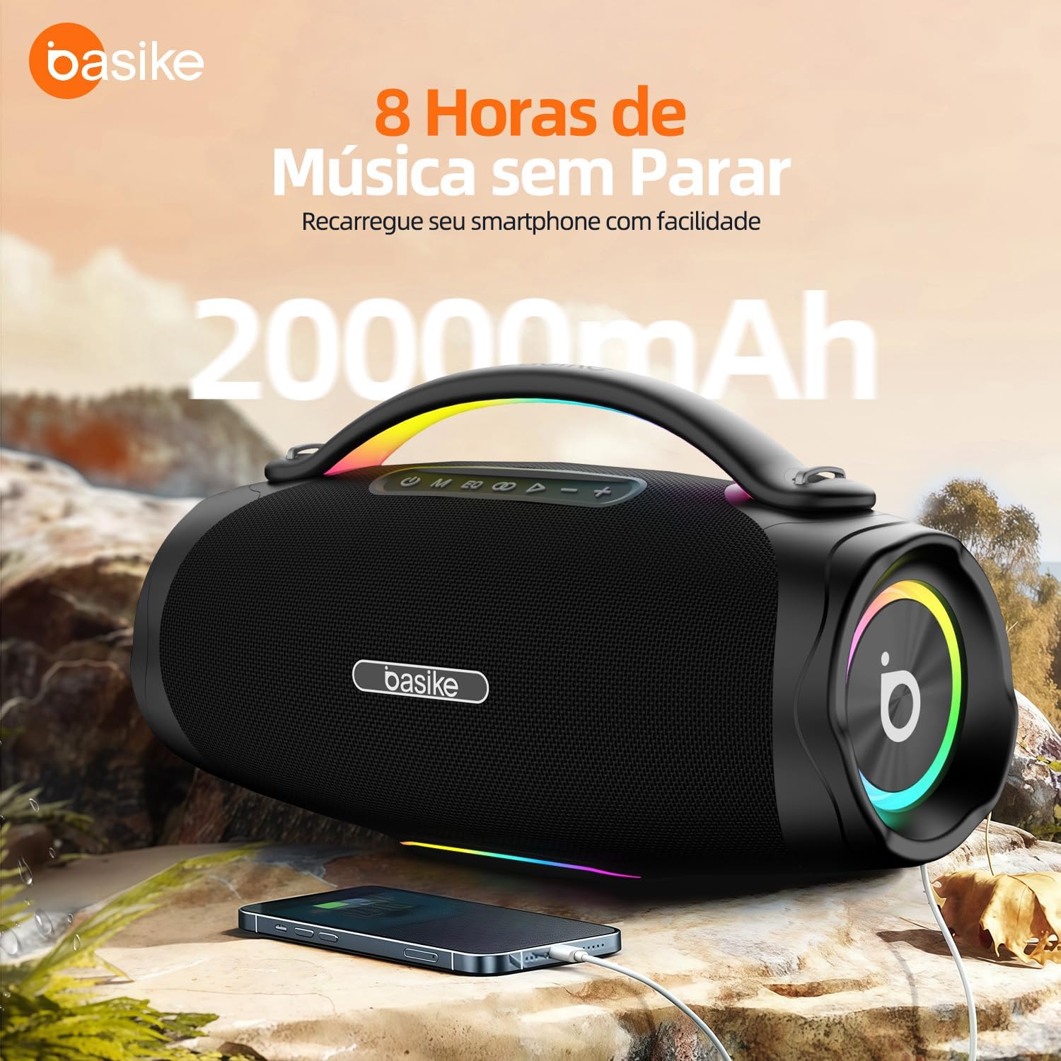 Basike Boombox V97 Pro speaker charging a smartphone, showing 20000mAh battery capacity