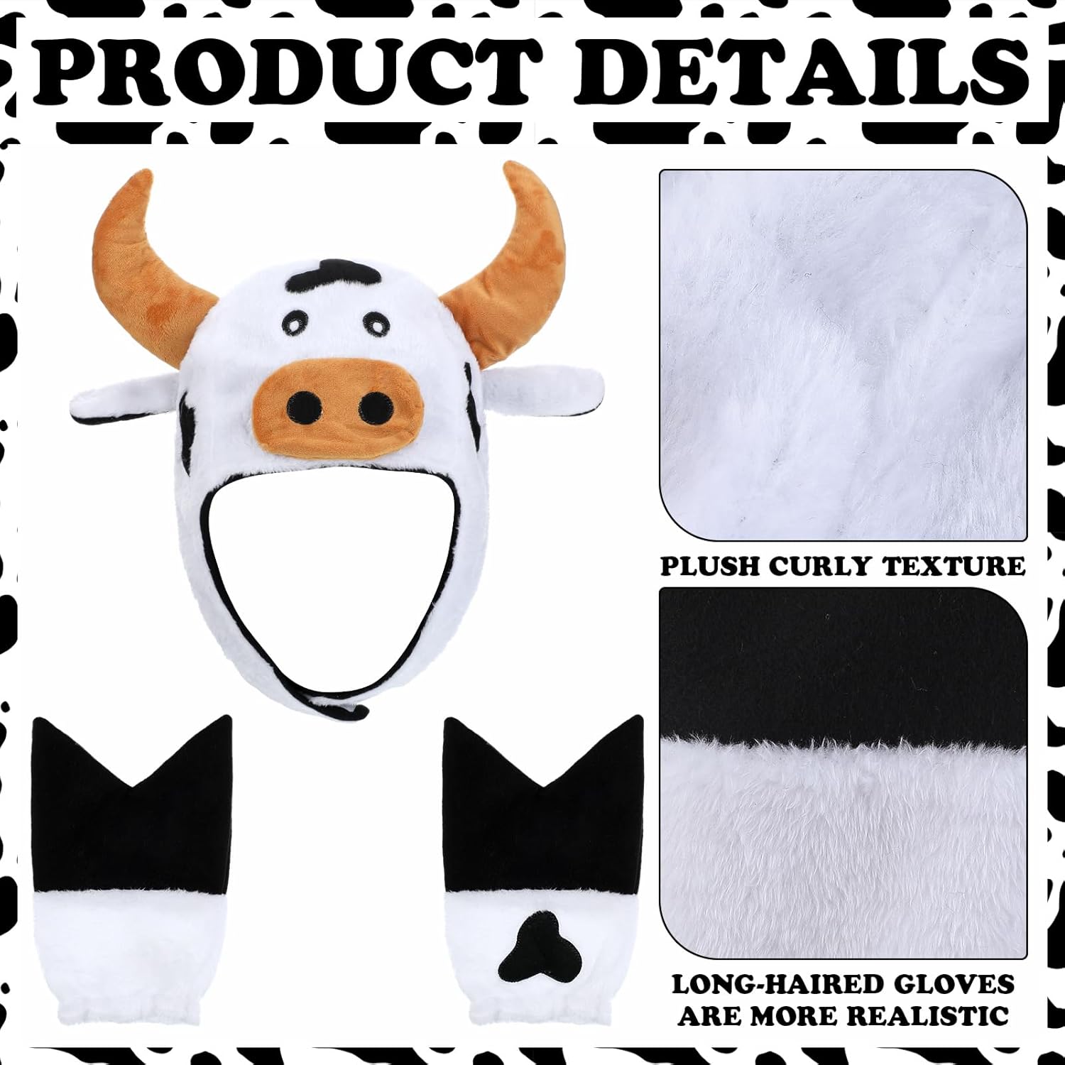 Mepase Cow Costume Set Includes Plush Cow Hat and Cows Gloves Funny Farm Animal Dress up Accessory for Crazy Hat Day Cosplay Supplies - Image 4