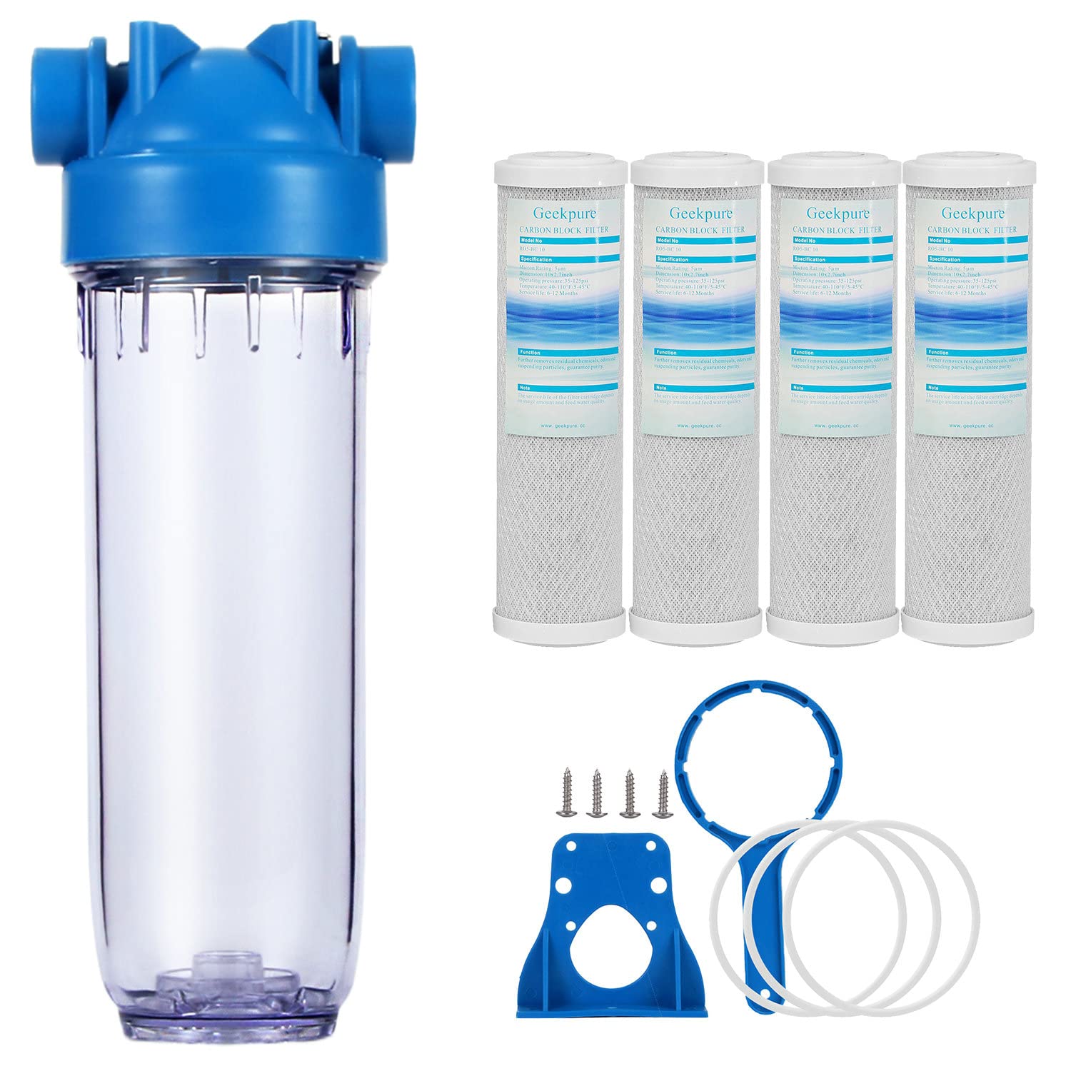 Geekpure 10-Zoll-Wasserfilter für das ganze Haus mit transparentem Filtergehäuse – 3/4-Zoll-BSP-Messinganschluss und 4 Kohlefiltern