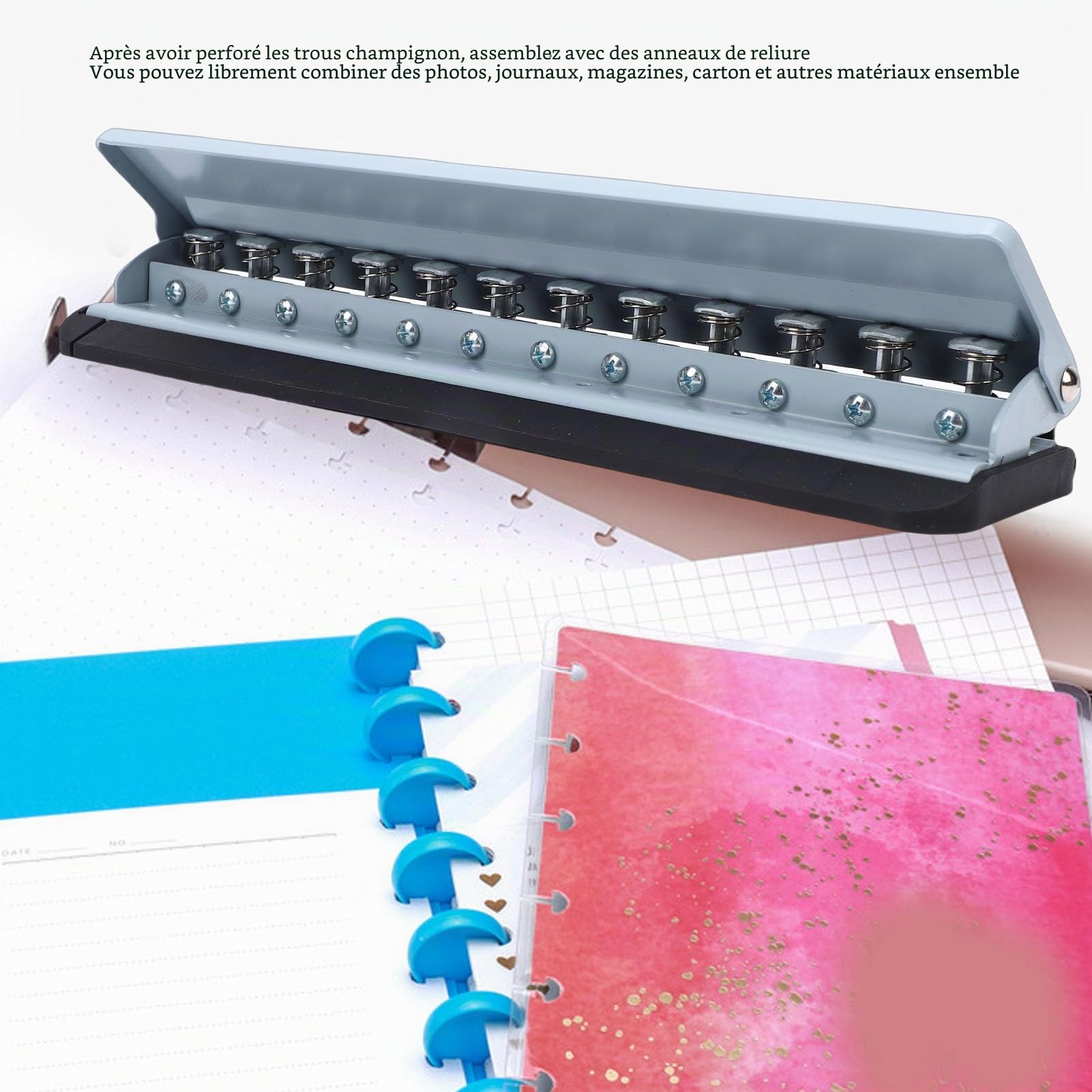 Perforatrice Champignon 12 Trous Portable, Perforateur Papier à Positionnement Précis, Compatible A4 A5 B5 A7, pour Carnets à Feuilles Mobiles et Agendas
