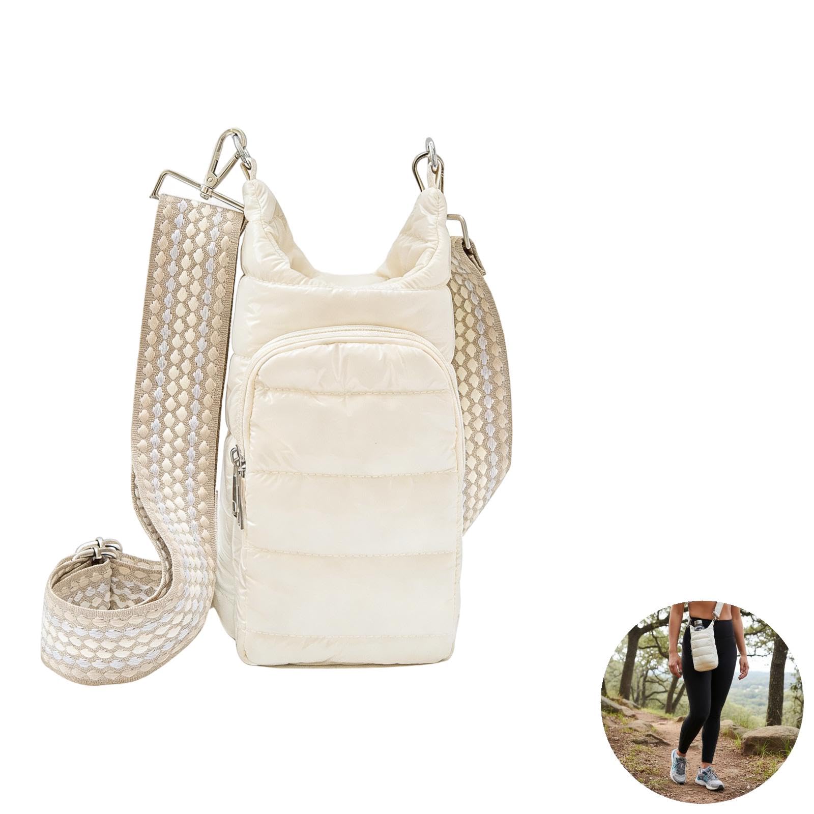 Wasserflaschen-Tasche mit abnehmbarem Riemen, 29 cm, Crossbody-Trinkflaschenhalter für Reisen und Wandern, modisches gestepptes Puffer-Design, Vordertasche, leichte Polyester-Tasche zum