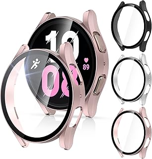 [Pacote com 3] Protetor de tela para Galaxy Watch 5/Galaxy Watch 4 de 44 mm com vidro temperado, capa protetora de policarbonato rígido QIBOX Acessórios compatíveis com Samsung Galaxy Watch5/Watch4