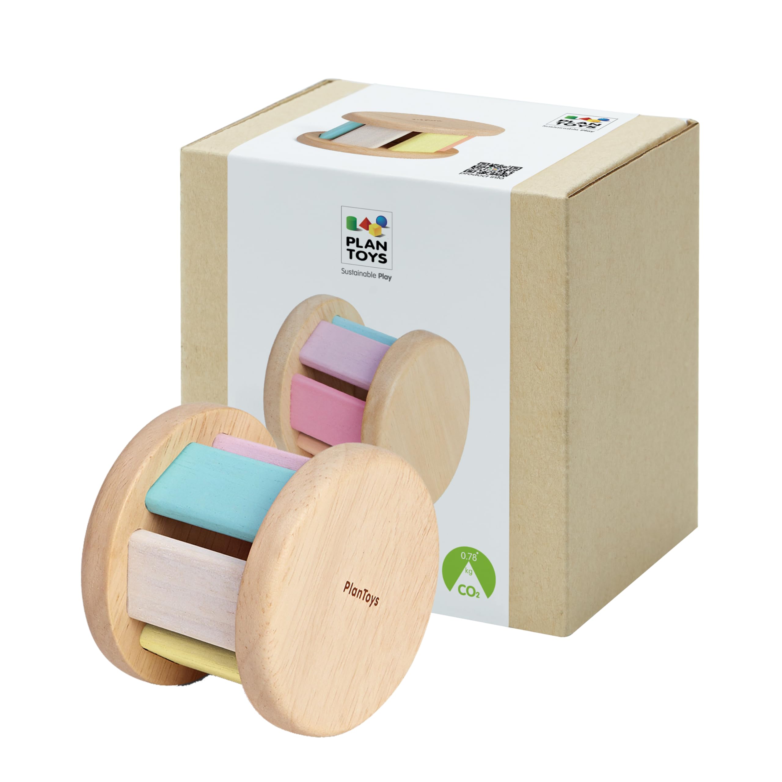 PlanToys Hochet Bébé - Rouleau Arc-​en-​Ciel - Hochet en Bois avec Son Doux en Roulant - Jouet en Bois pour Bébé dès 6 Mois - Cadeau de Naissance et Jeu de Motricité - Couleurs Pastel