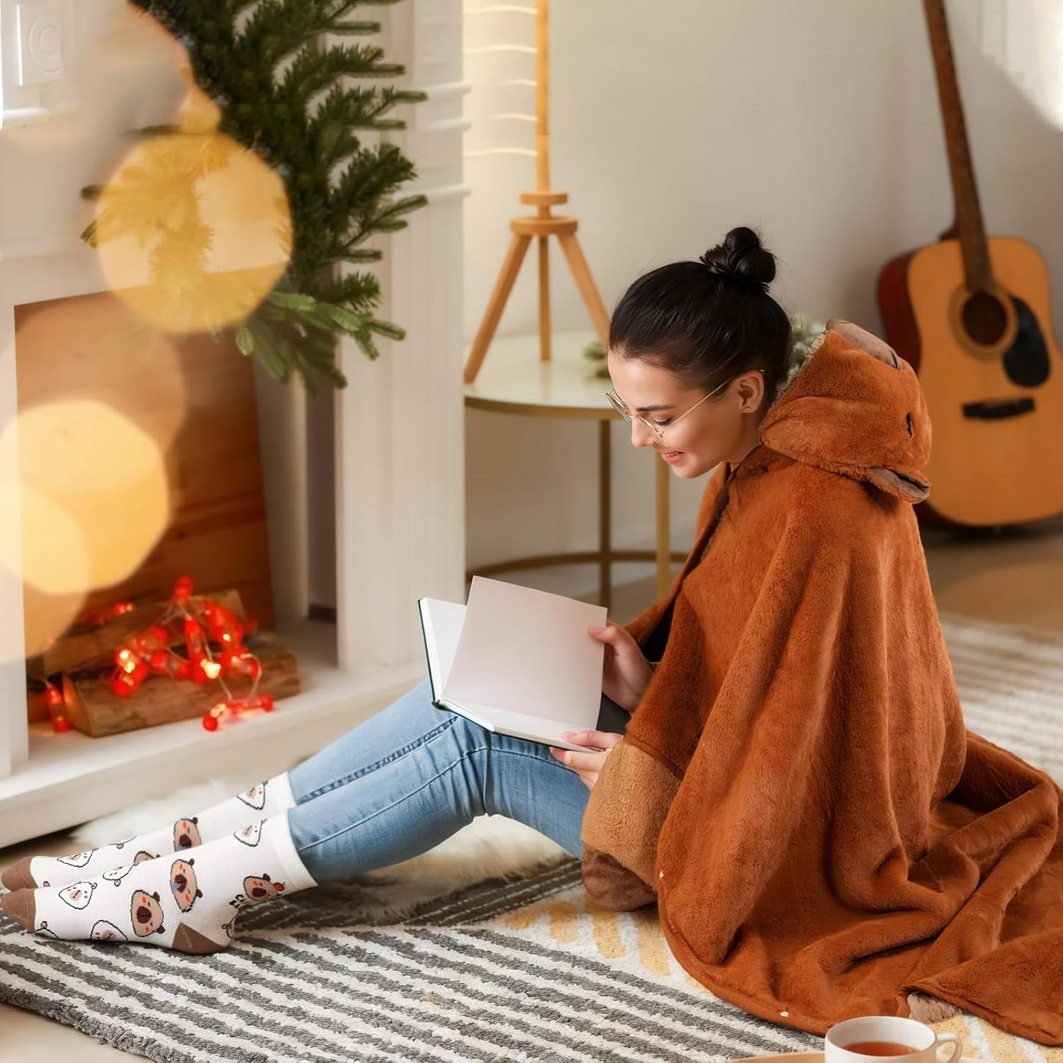 Jecery 6 Pcs Capybara Gift Set Wearable Blanket Capybara Hoodie Gifts Accessories Animals Socks Oversized Cozy Flannel Cute Warm Blanket Favor Bags for Adult Themed Party Birthday Valentine's Day - Image 2