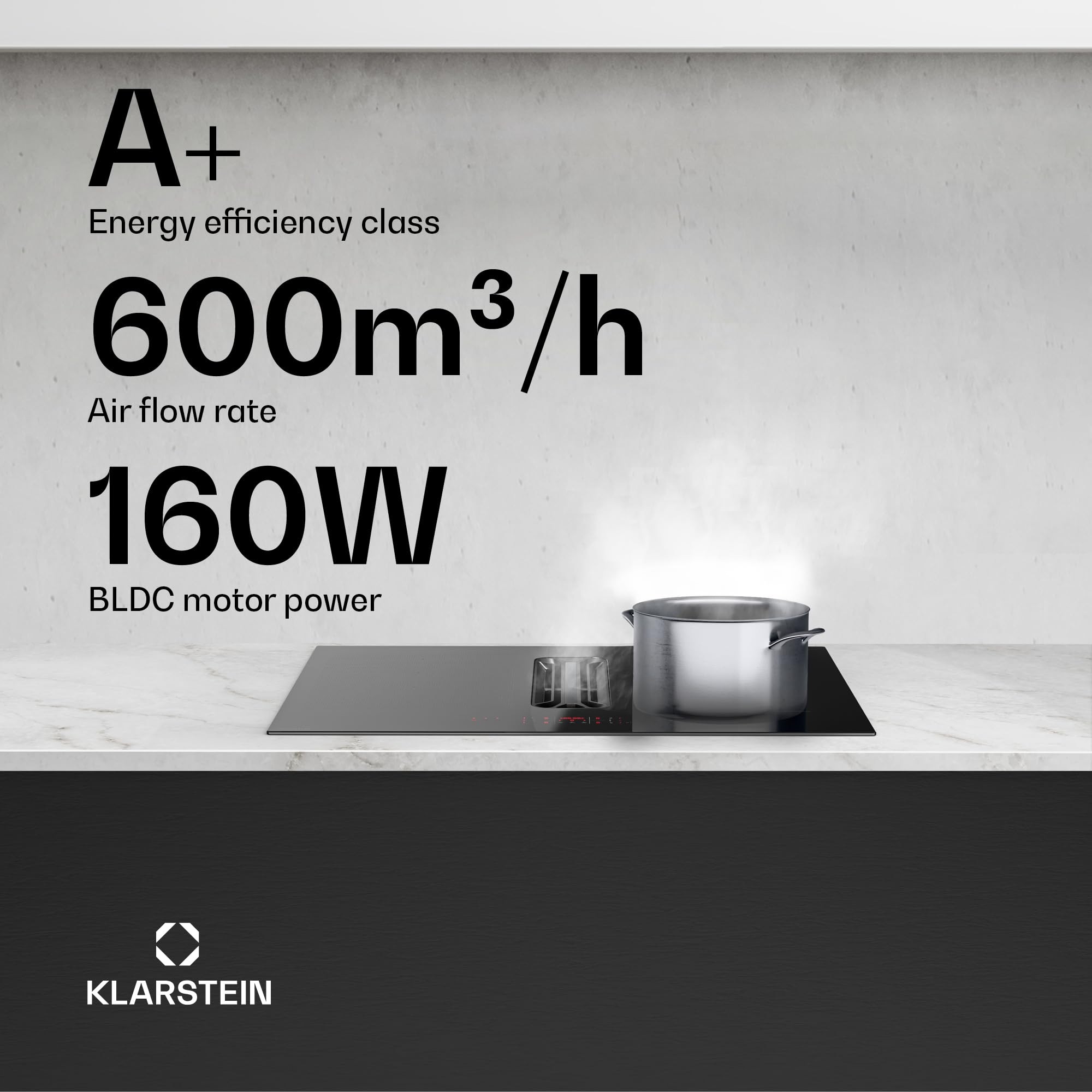Klarstein AirJet Płyta indukcyjna z okapem - 12 kW, Boost 600 m³/h, Klasa energetyczna A+, 9 stopni, Cicha 52 dB, Panel dotykowy, Bridge-Connect, Filtr aluminiowy, Czarna