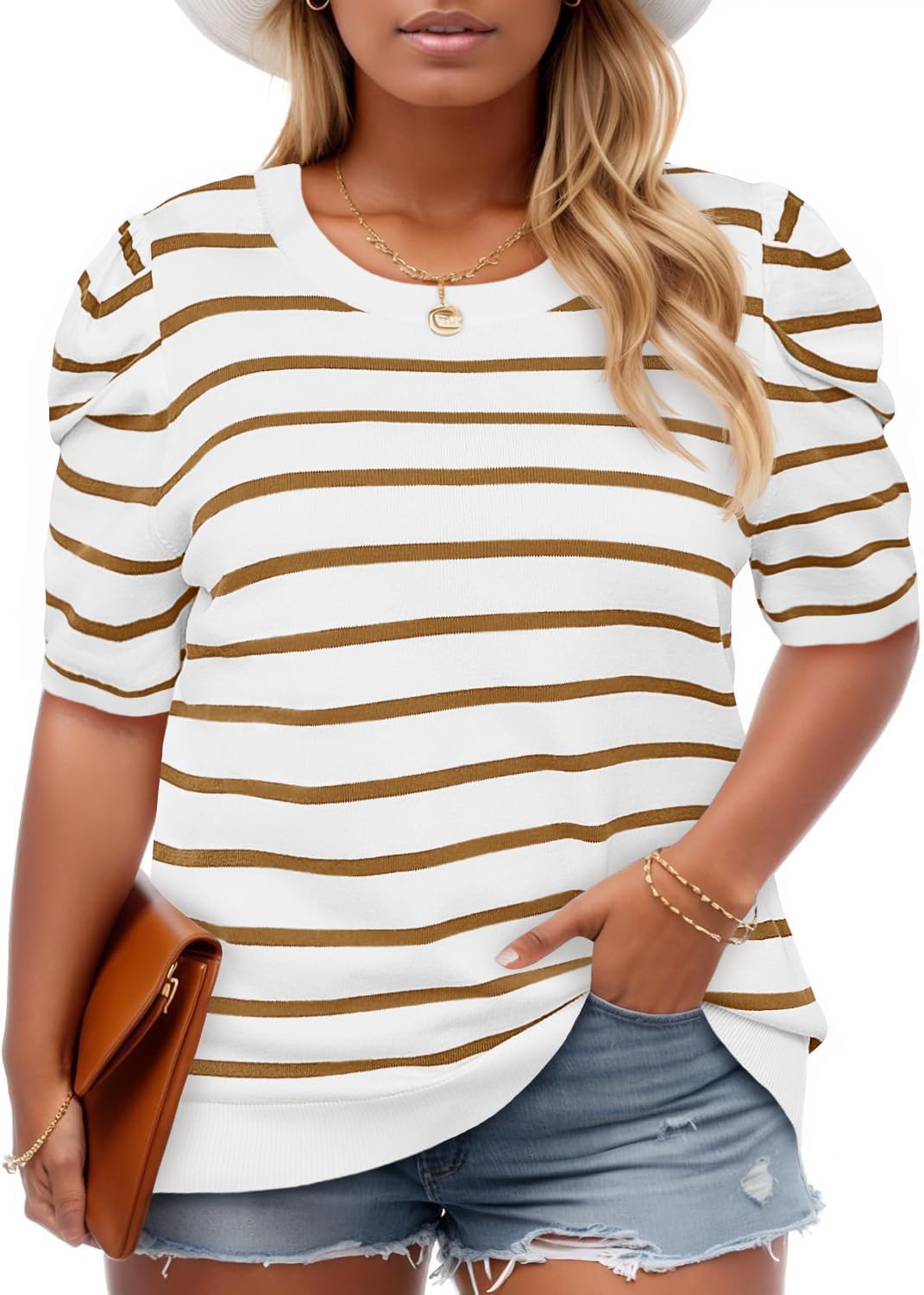 Beautife Womens Plus Size Short Puff Sleeve Sweater Tops Lightweight Striped T Shirts Summer Casual Crew Neck Knit Pullover