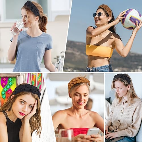 Miniatura 3 de BEGOOD Diademas para mujer  Diadema anudada con volantes anchos negros, accesorios para el cabello con nudo superior fruncido para niñas, 2 unidades