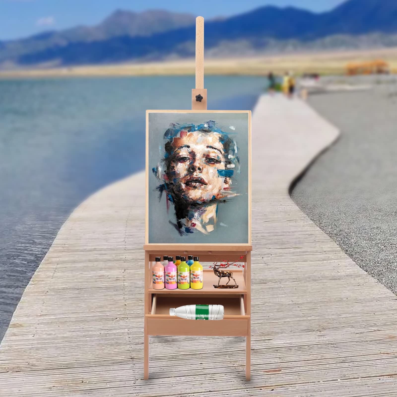 Caballete de artista con cajón de madera, soporte de dibujo ajustable 154-198 cm, soporte de lienzo portátil para pintura artística y publicidad al aire libre, adecuado para niños y adultos