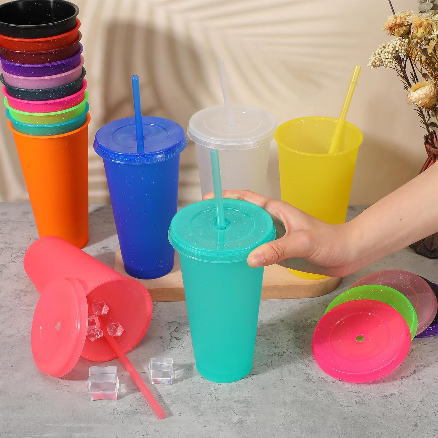 15 Pcs Reusable Plastic Tumblers with Lids and Straws, 24 Oz Bulk Travel Mug Water Bottle for Iced Coffee, Party Birthday Gifts, Multicolor