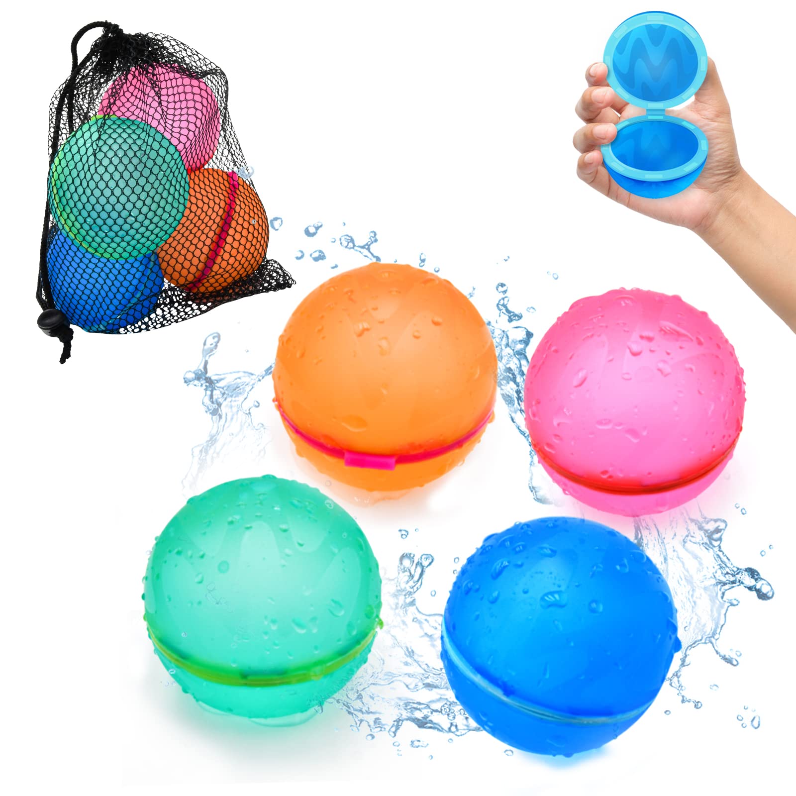 Reusable Water Balloons, Quick Fill Self-sealing Water Bomb Splash Balls, Summer Toy Outdoor Water Toys for Girls and Boys Ages 3+, Outdoor Activities Water Fight, Summer Party, Beach Toys 4 Pcs…
