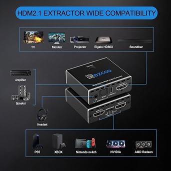 HDMI 2.1 Audio Extractor 4K 120Hz VRR ALLM ARC Audio Extractor Switch 2 IN 1 OUT VRR ALLM HDCP2.3 HDR10 Audio Converter SPDIF Optical 7.1/5.1CH,Stereo L/R Audio Breakout Dol