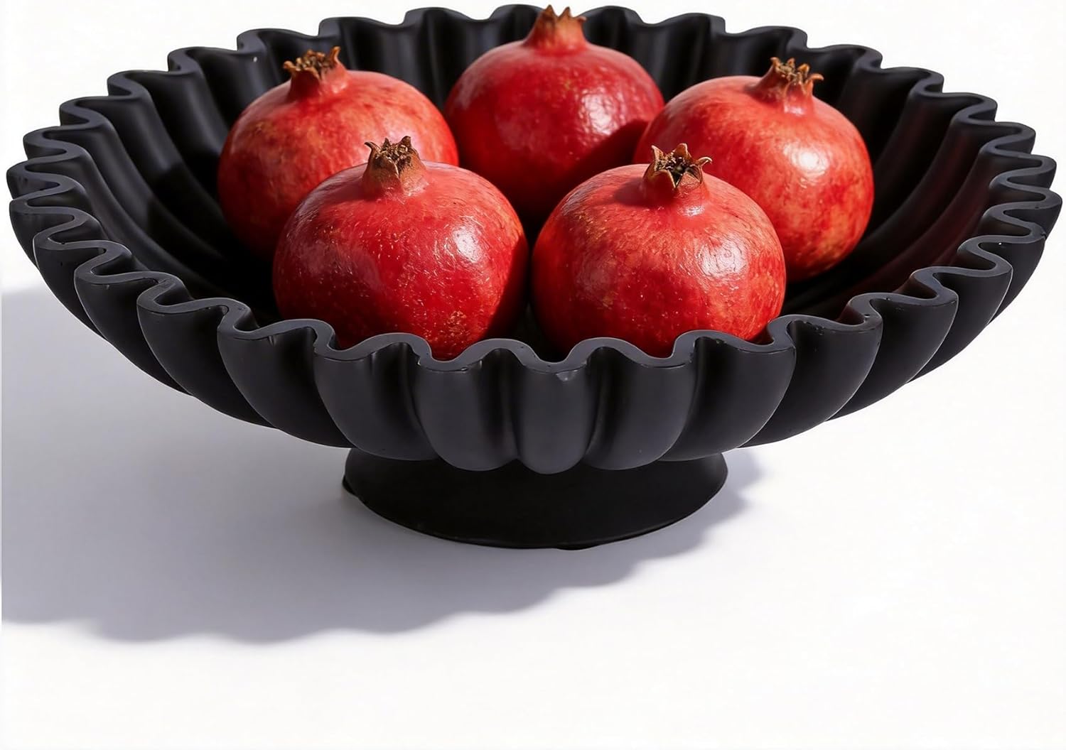9.5" Large Decorative Bowl - Scalloped Pedestal Bowls for Home Decor, Key Bowls for Entryway Table, Decorative Fruit Bowl for Kitchen Counter, Resin Black Ruffle Coffee Table Decor