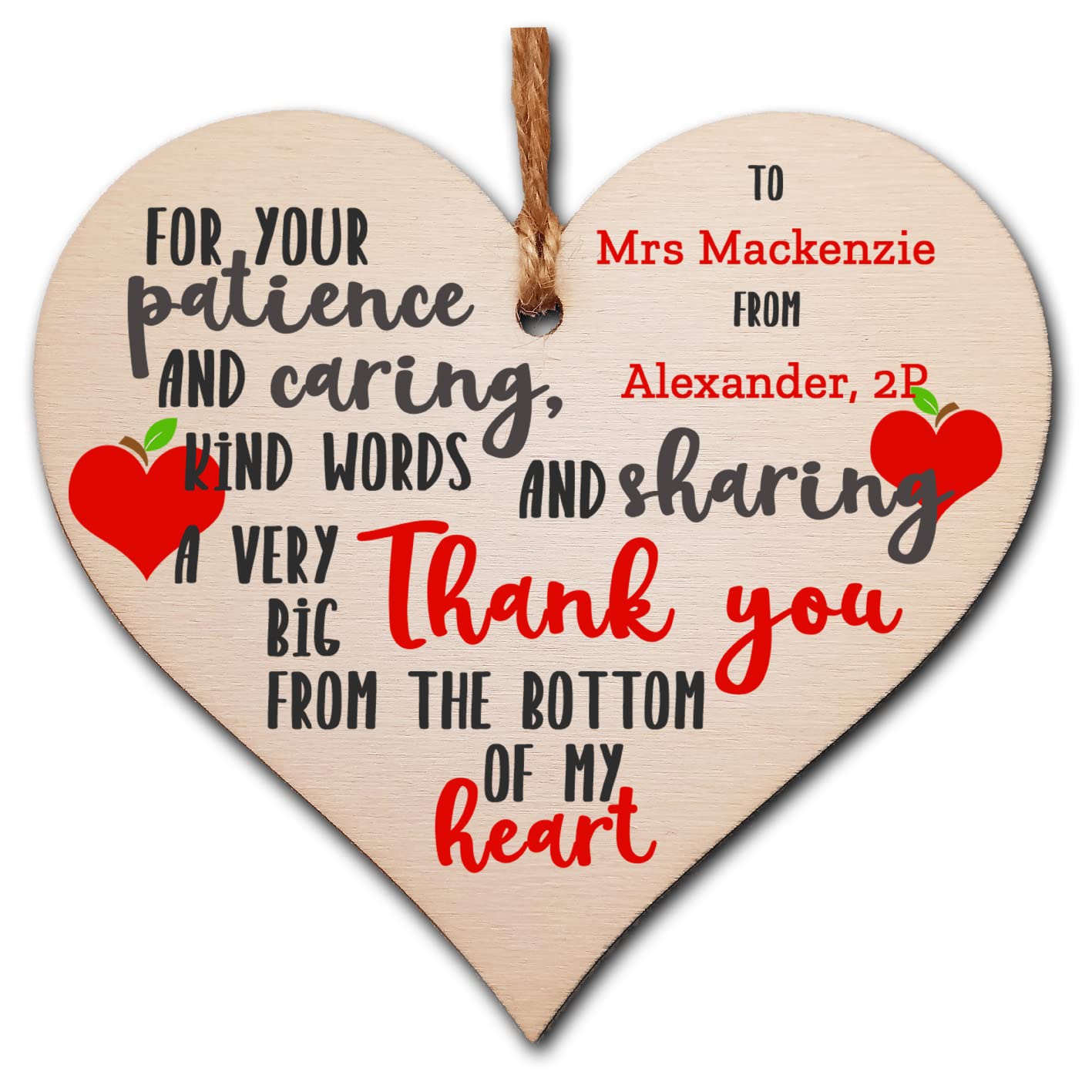 The Plum Penguin Personalised Patience Caring Kind Words Sharing Thank You Hanging Heart Wooden End of Term Gift Card Alternative Teacher