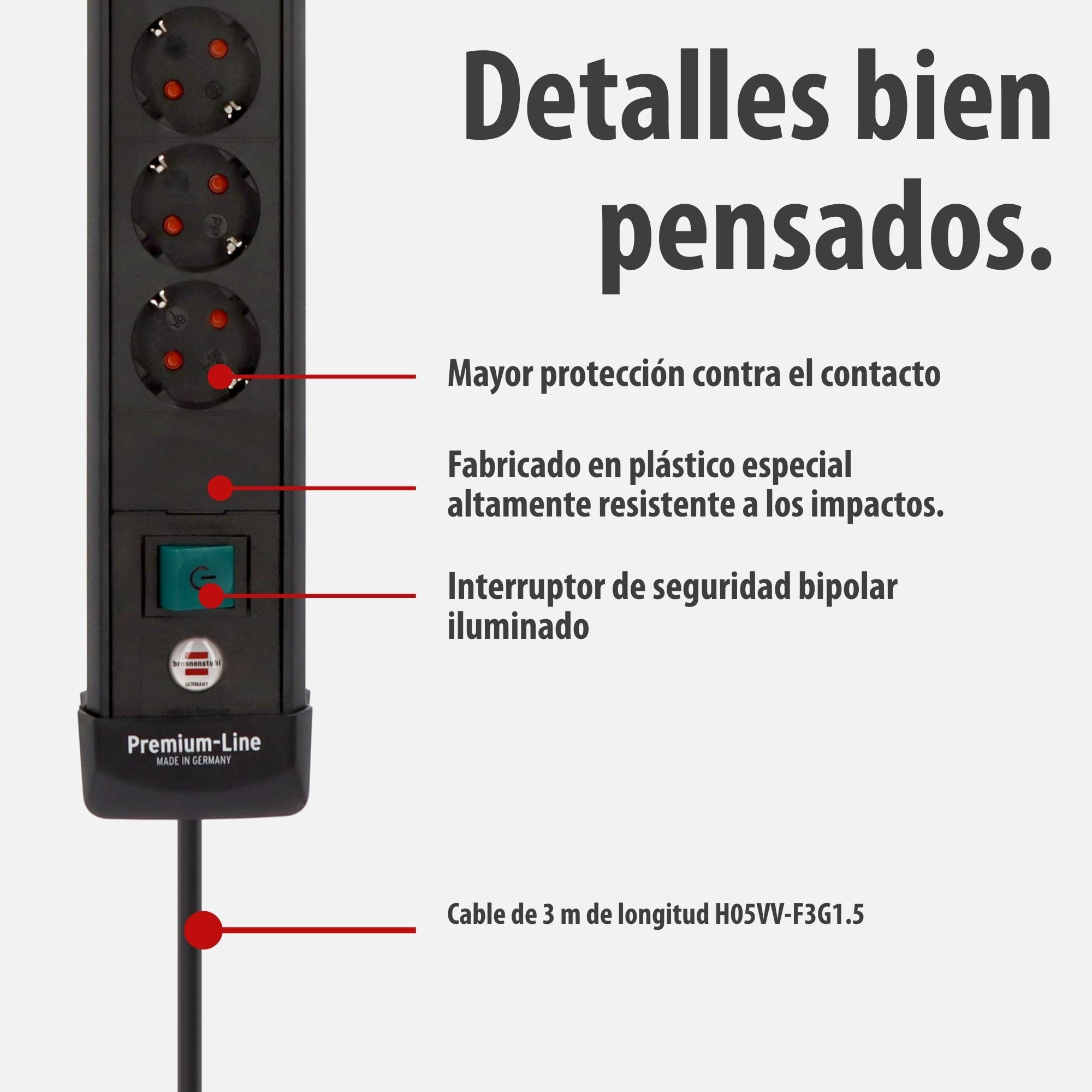 Brennenstuhl Premium-Line regleta de enchufes de 6 vías con 2X USB C PD 65W y USB A 18W (Made in Germany, regleta con Interruptor y Cable de 3m, para Montaje en Pared) Negro