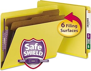 Smead 100% Recycled End Tab Pressboard Classification File Folder with SafeSHIELD Fasteners, 2 Dividers, 2" Expansion, Letter Size, Yellow, 10 per Box (26789)