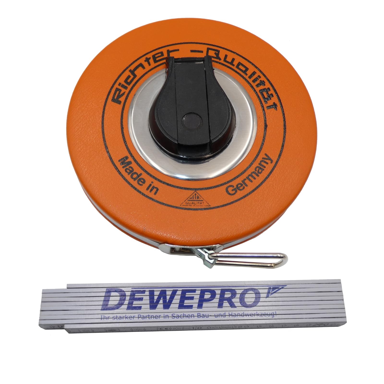 Mètre ruban en acier 50 m - Division duplex en millimètres - Largeur : 13 mm - Bande en acier laqué blanc dans une capsule plate robuste - Début A (10 cm d'avant) - Avec mètre pliant DEWEPRO
