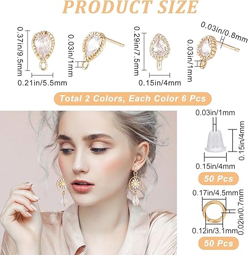 Miniatura 2 de CREATCABIN 1 caja de 12 aretes de latón chapados en oro de 18 quilates de 2 tamaños, aretes de tuerca de circonita cúbica con anillos de salto de