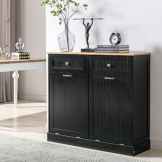 Gitua Double Trash Cabinet Tilt Out 20 Gallon, Pet Proof Kitchen Trash Cabinet Laundry Hamper with Cutting Board, Wood Garbage Recycling Station Hideaway Trash Holder Drawers (Black)