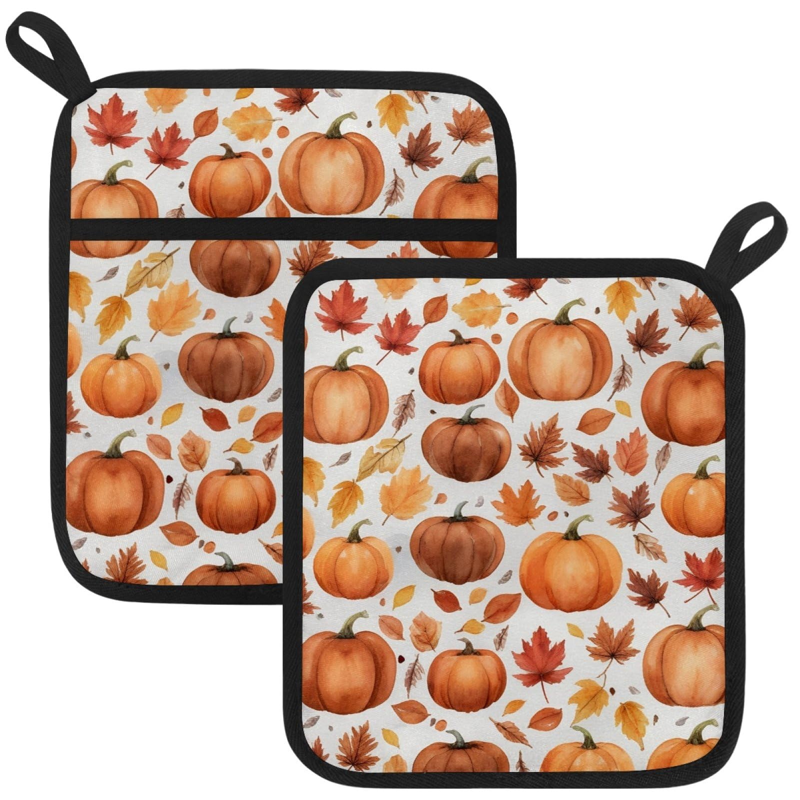 VAPOKF Pumpkin Maple Leaf Pot Holders with Pocket for Kitchen Heat Resistant Potholders Large Polyester-Cotton Square Oven Mitts Set