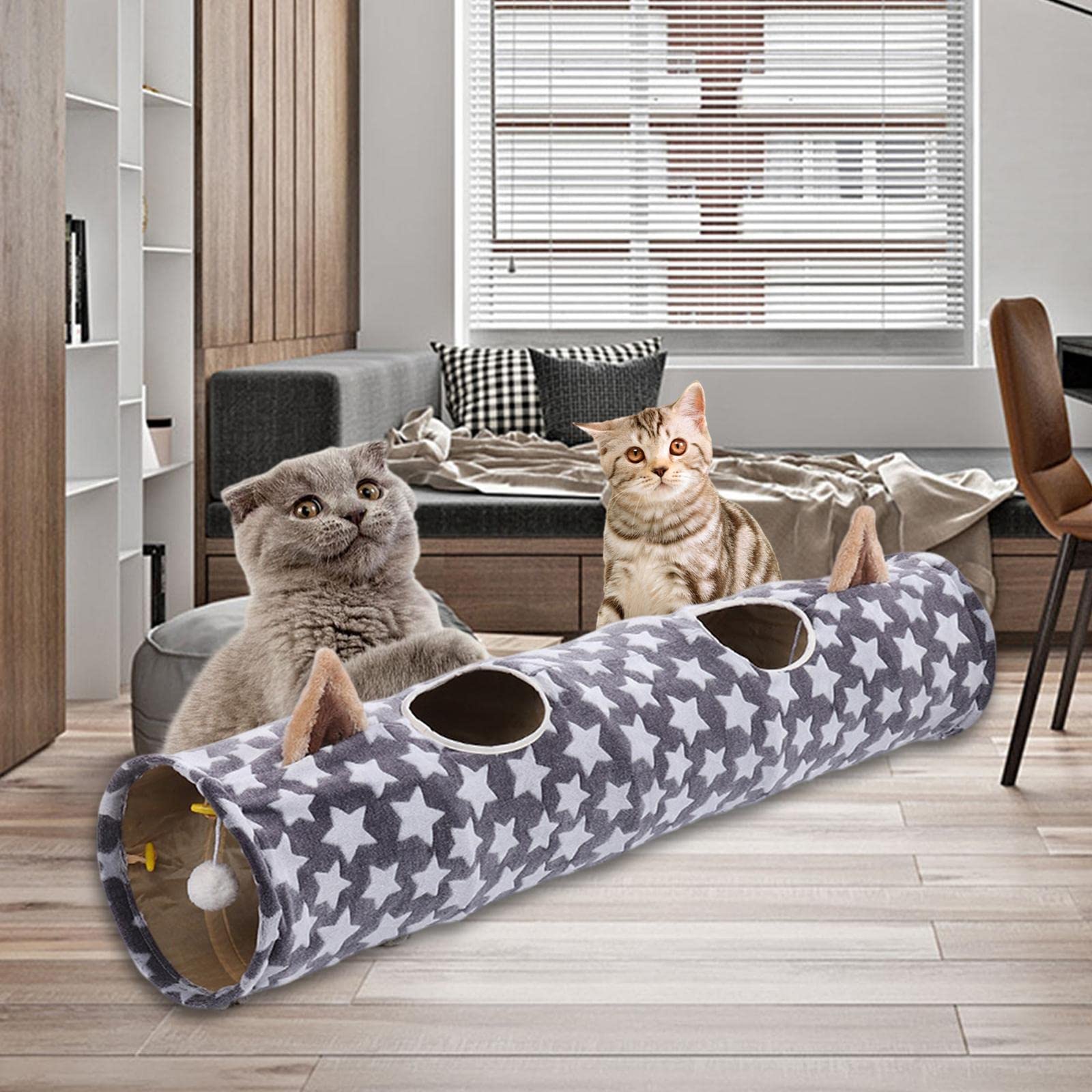Katzentunnel Interaktives Katzen Kätzchen Spieltunnel Bett Aus Stoff mit Geräuschpapier Und Ball für Wohnung Training Spielen, Stern