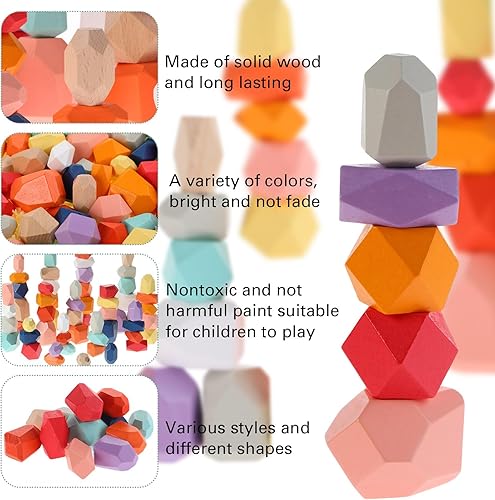 Miniatura 3 de Jenaai 60 piezas de juguetes Montessori de rocas apilables para niños de más de 3 años de edad, piedras de equilibrio de madera coloridas para bebé,