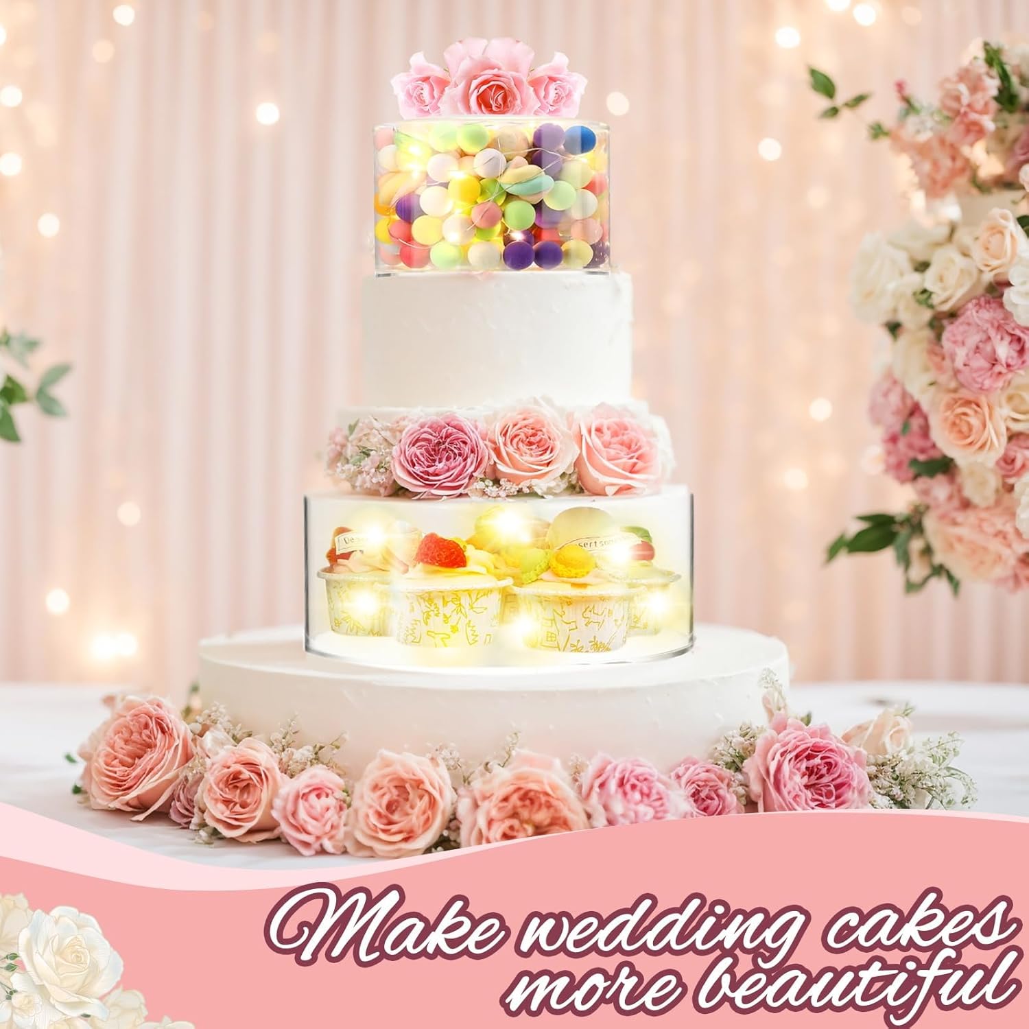 3PCS Clear Acrylic Cake Stand Fillable Cake Riser Cupcake Tier Wedding Christmas Cake Stand Round Cake Cylinder Display Box with Lid Box for Birthday Party (6 Inch, 8 Inch, 10 Inch, 3 LED Lights)