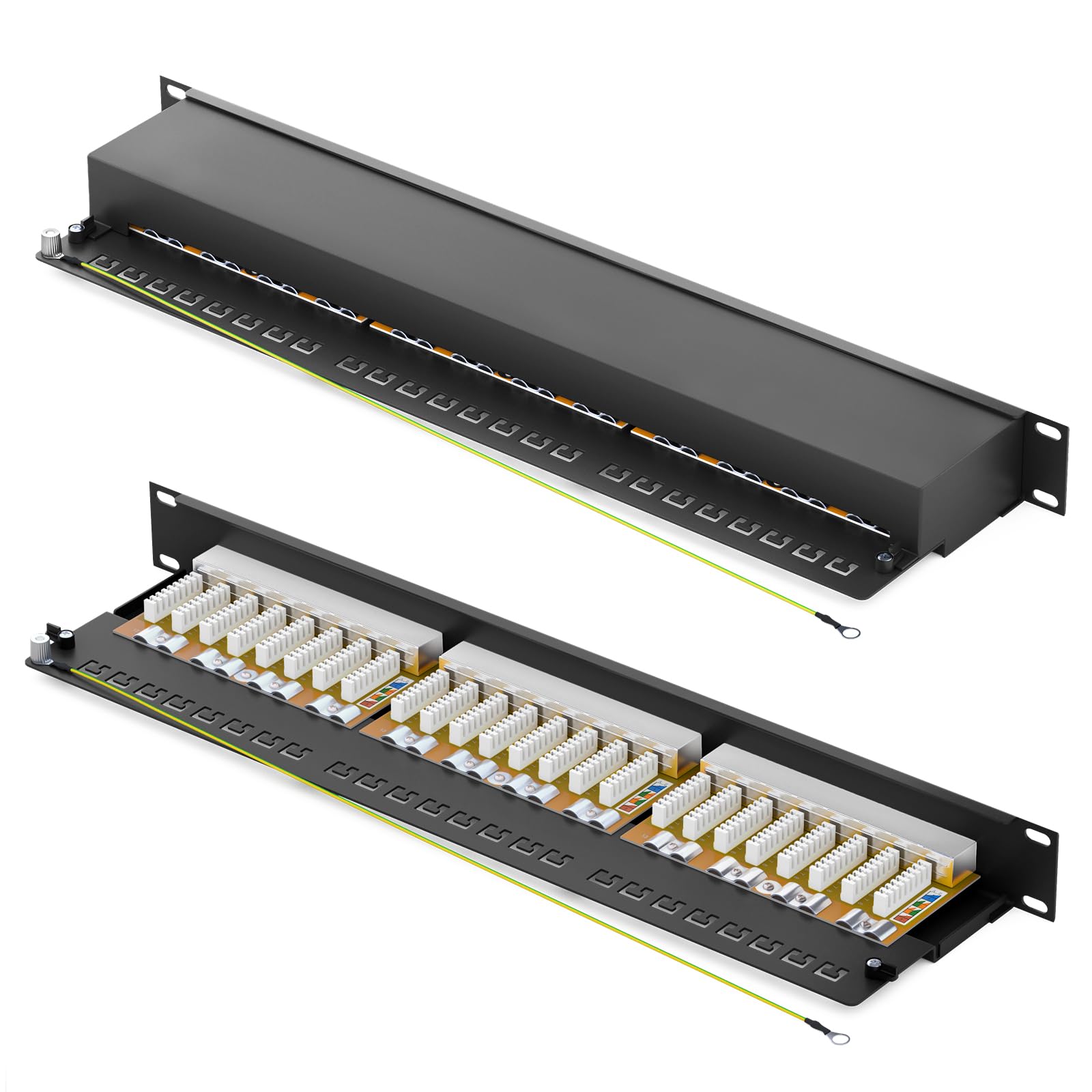 HB-DIGITAL Panneau de brassage CAT 6 - 19" - 24 ports - 10 Gbps - Entièrement blindé - Connecteurs RJ45 - Bornes de coupe AWG 22-26 TIA568A + support TIA568B PoE++ - Noir