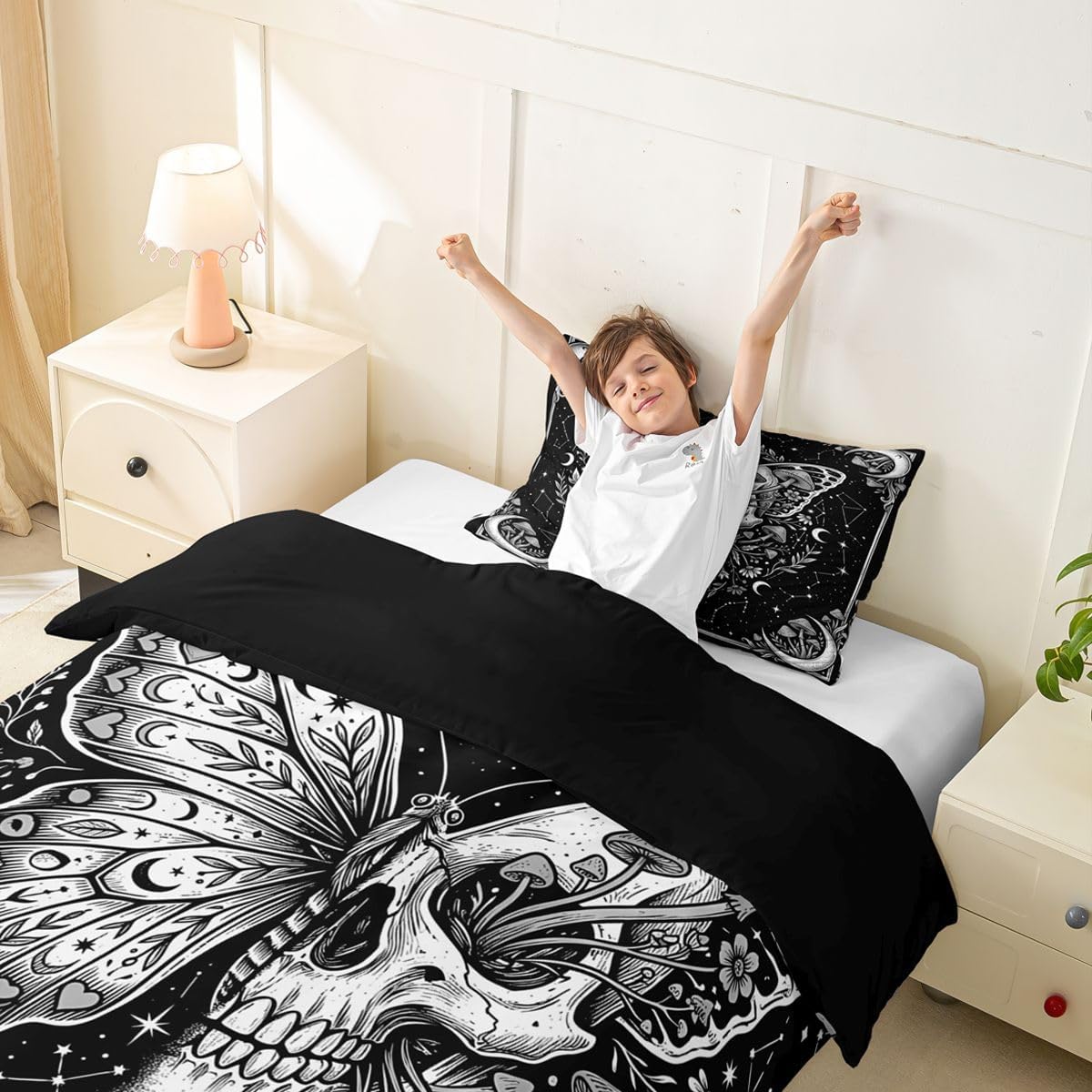 Butterfly Skull Kids Duvet Cover Set Toddler Size,White Wild Mushroom Plant Skeleton Bedding Set,Floral Starry Moon Print Room Decor,Gothic Dark Aesthetic Quilt Cover,1 Pillowcase(No Comforter) image 4