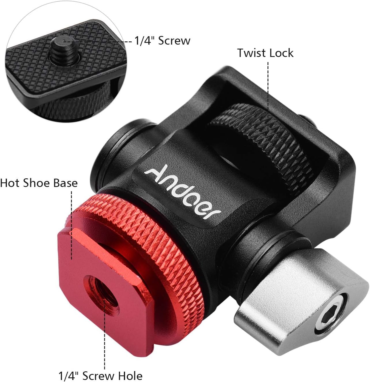 Mini Ball Head, Andoer Camera Monitor Mount Mini Ball Head con Adaptador de Zapata fría para Monitor de luz de Video LED | Con adaptador de zapata fría de 1/4 pulgadas para monitor de luz de video LED