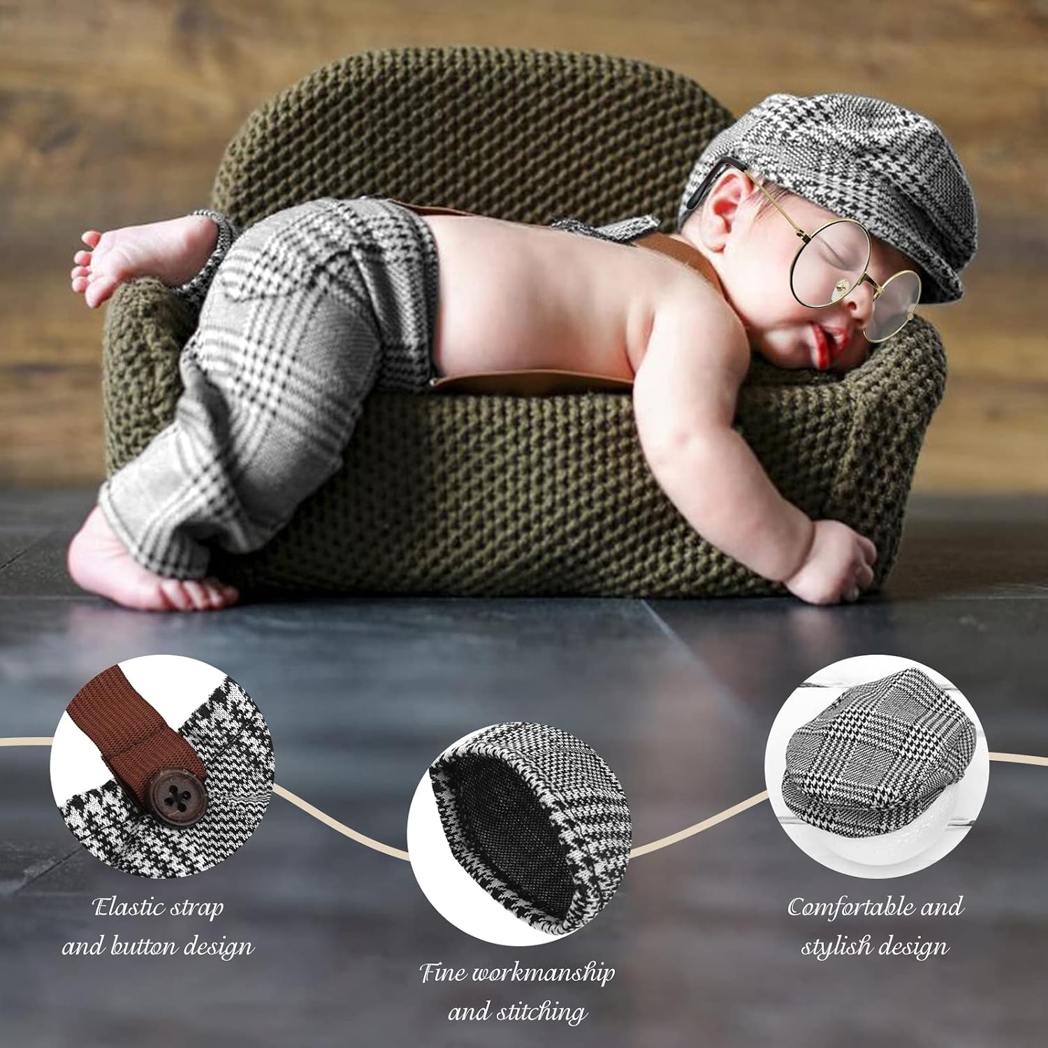4 Pcs Newborn Baby Photo Props, Lattice Rompers Suspender Pants with Beret Glasses Bow Tie for Infant Boys' Costumes, Newborn Boy Photography Outfit Set (Grey)
