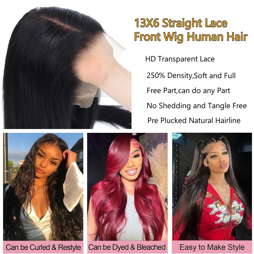 13x6 Lace Front Wigs Human Hair 250% Density Straight HD Transparent Lace Front Human Hair Wigs for Women 13x6 Straight Wigs Brazilian Wigs Human Hair Natural Color(straight wigs, 24 Inch)
