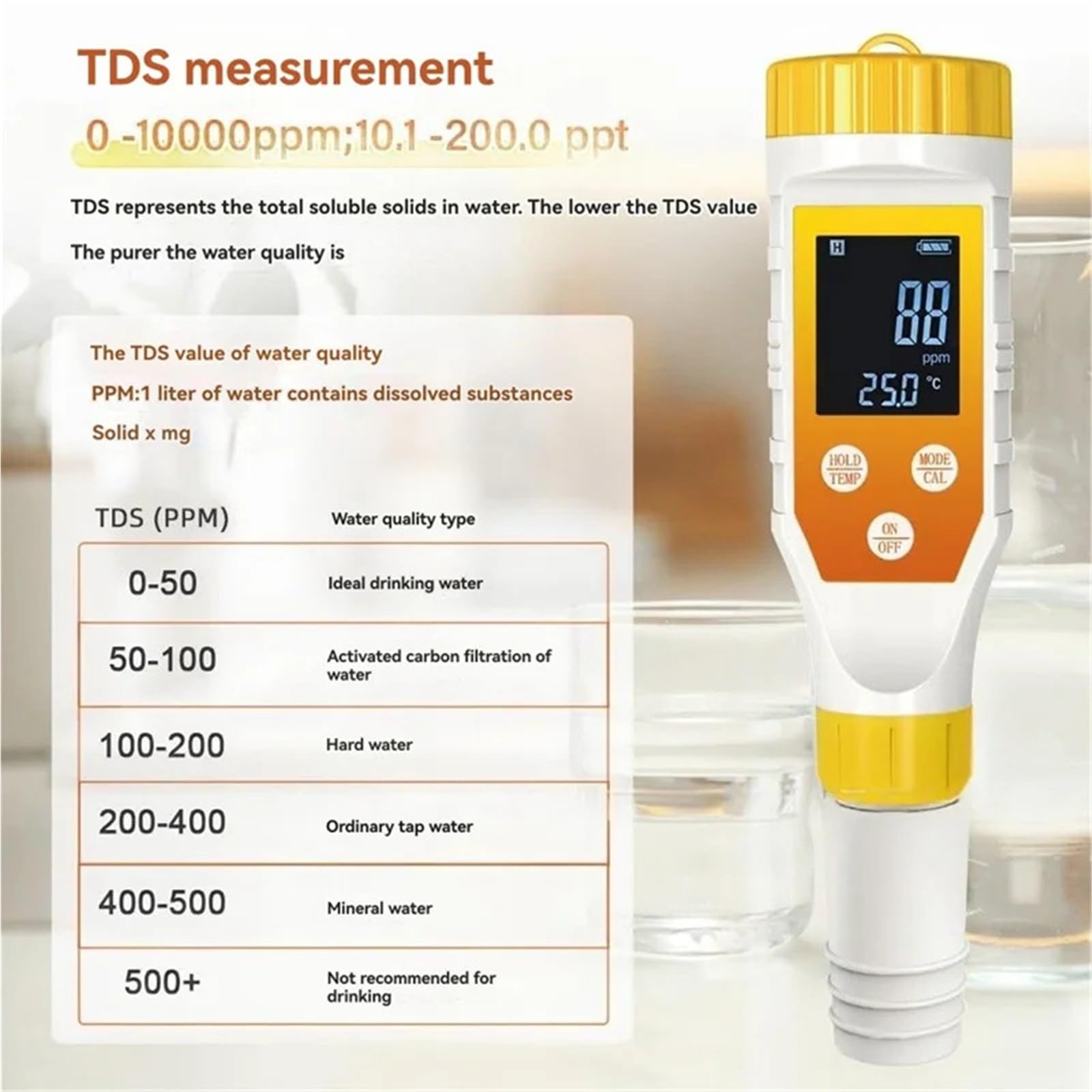 Probador de calidad del agua 7 en 1 for piscinas, spas y acuicultura, pH/CE, TDS/H2, hidrógeno/ORP, salinidad, IP67, resistente al, Monitor técnico