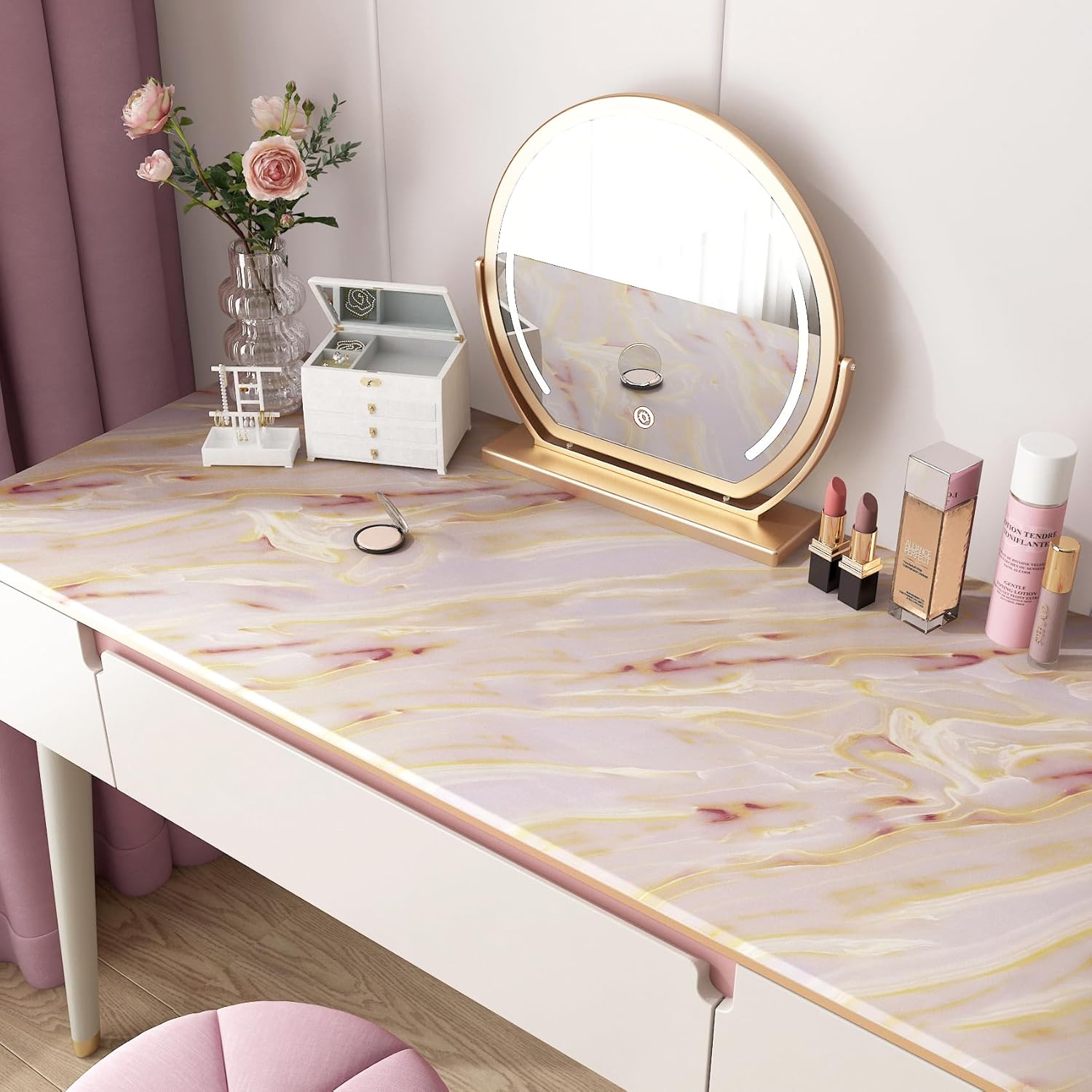 FunStick 24"x200" Matte Gold Pink Marble Contact Paper Peel and Stick Countertop Contact Paper for Kitchen Waterproof Marble Wallpaper for Bathroom Removable Wall Paper for Counter Top Table Walls