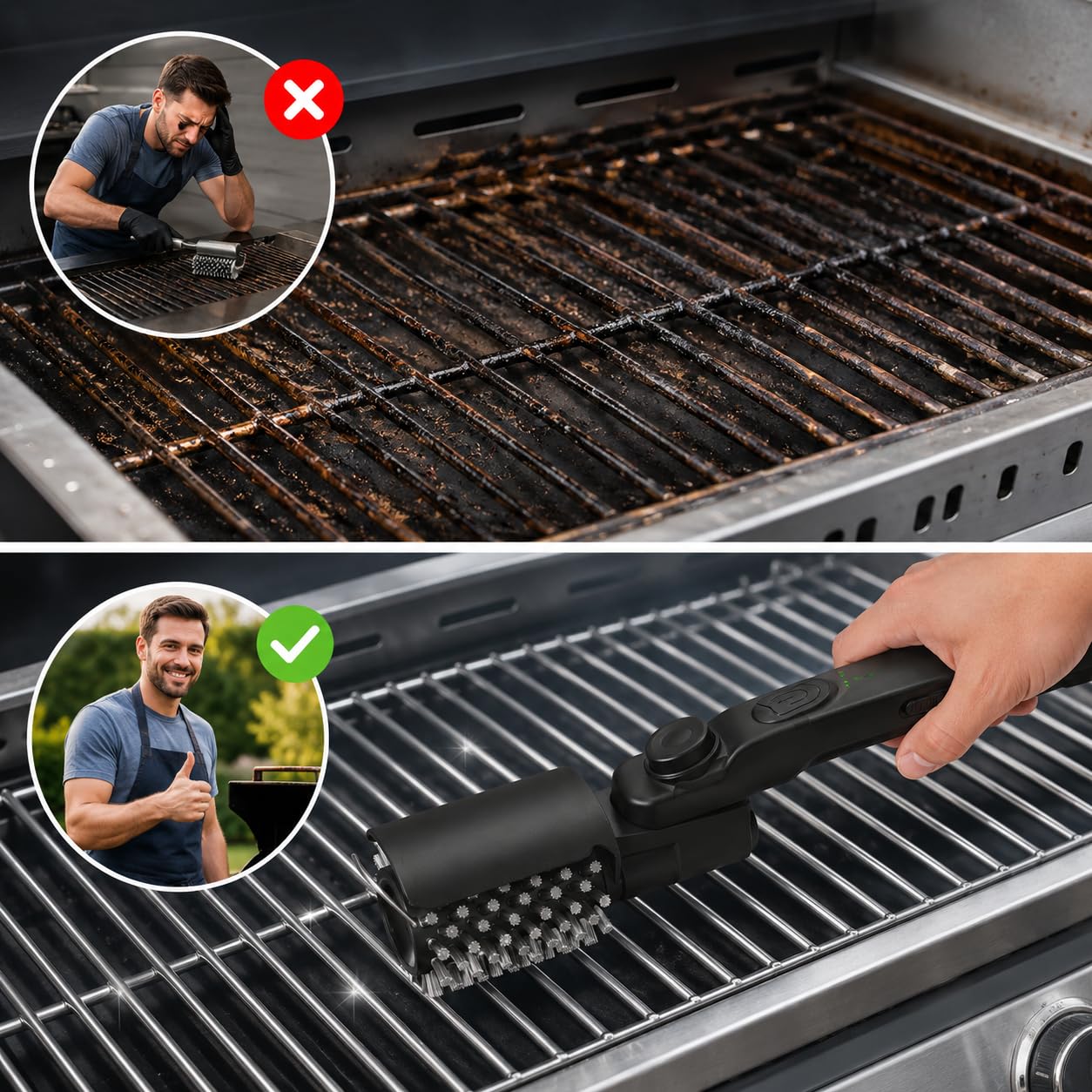 BBQBRUSH Spazzola Elettrica Rotante per Barbecue, Setole in Acciaio Inox, per Griglie e Piastre, con Angolo Regolabile e Testine a Cambio Rapido