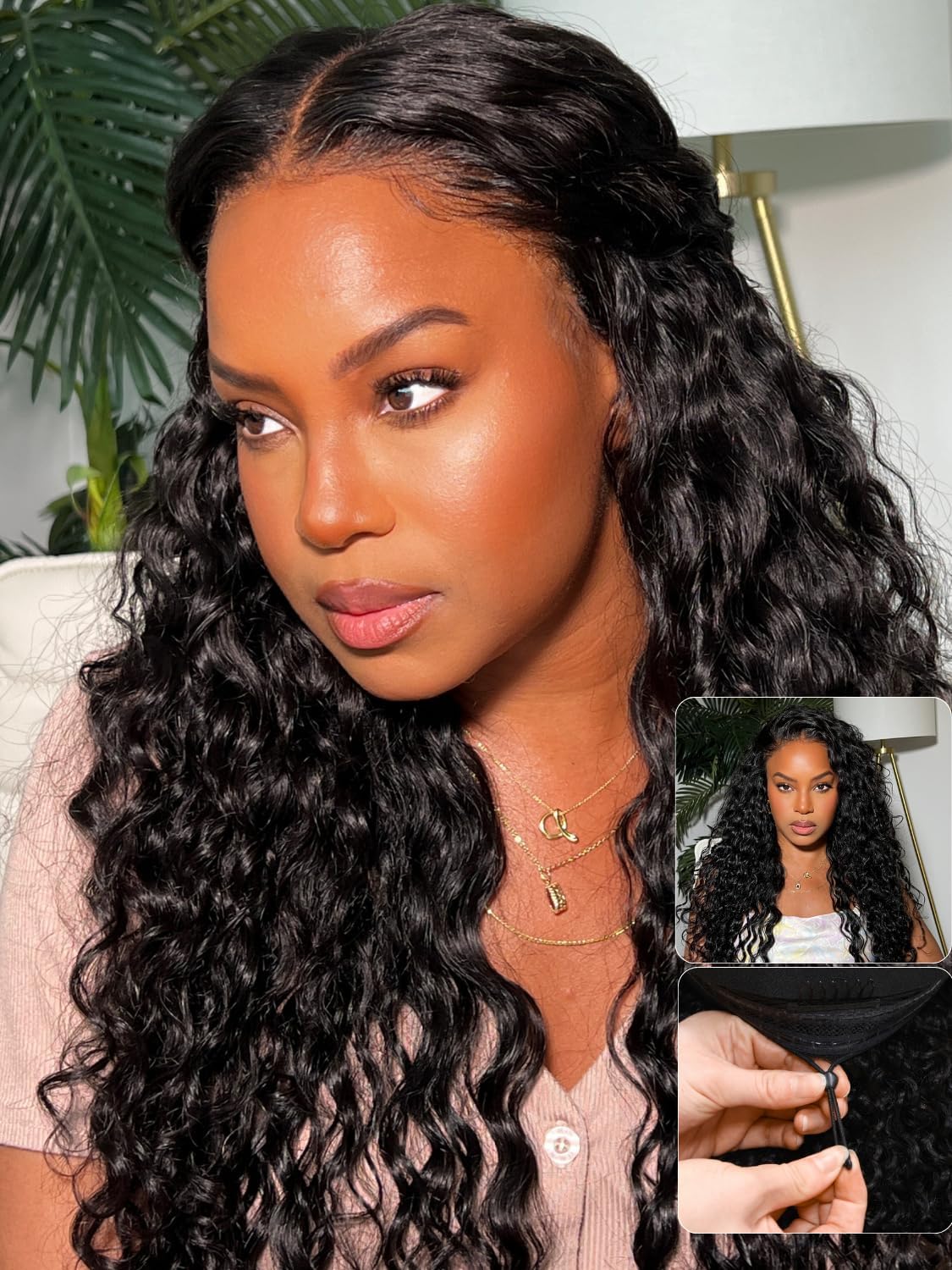 Bling Hair Glueless Wear and Go Wig with Adjustable Drawstring Strap Pre Cut Lace Wig 13X4 Deep Wave Lace Front Drawstring Wigs Human Hair Beginner Friendly Wigcap Fit All Head Size 16 Inch