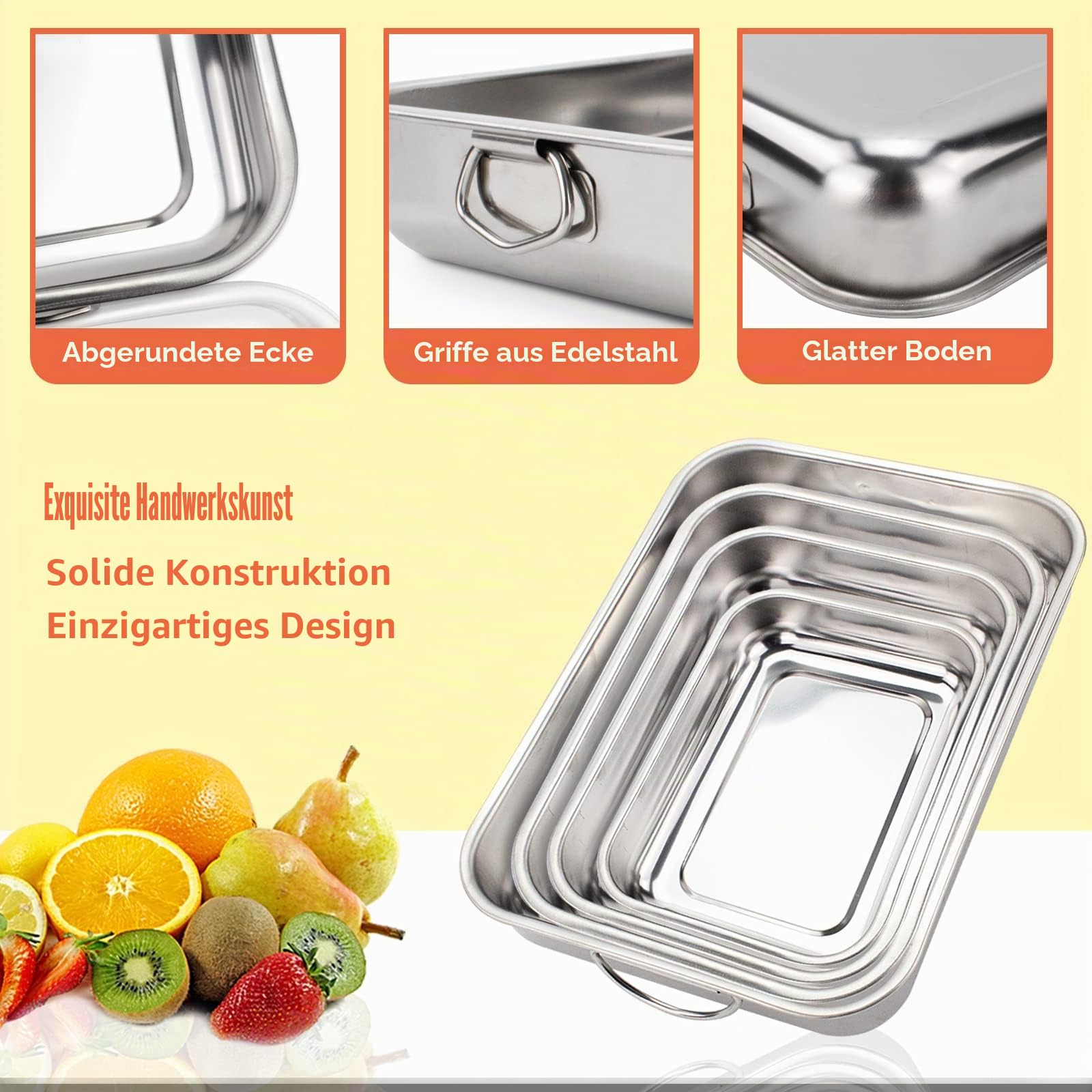 ROSSETTO Backblech Set 4-teilig Edelstahl Auflaufform Rechteckig klein Backform mit Klappbaren Griffen Rostfrei 40cm + 35cm + 30cm + 25cm, spülmaschinengeeignet