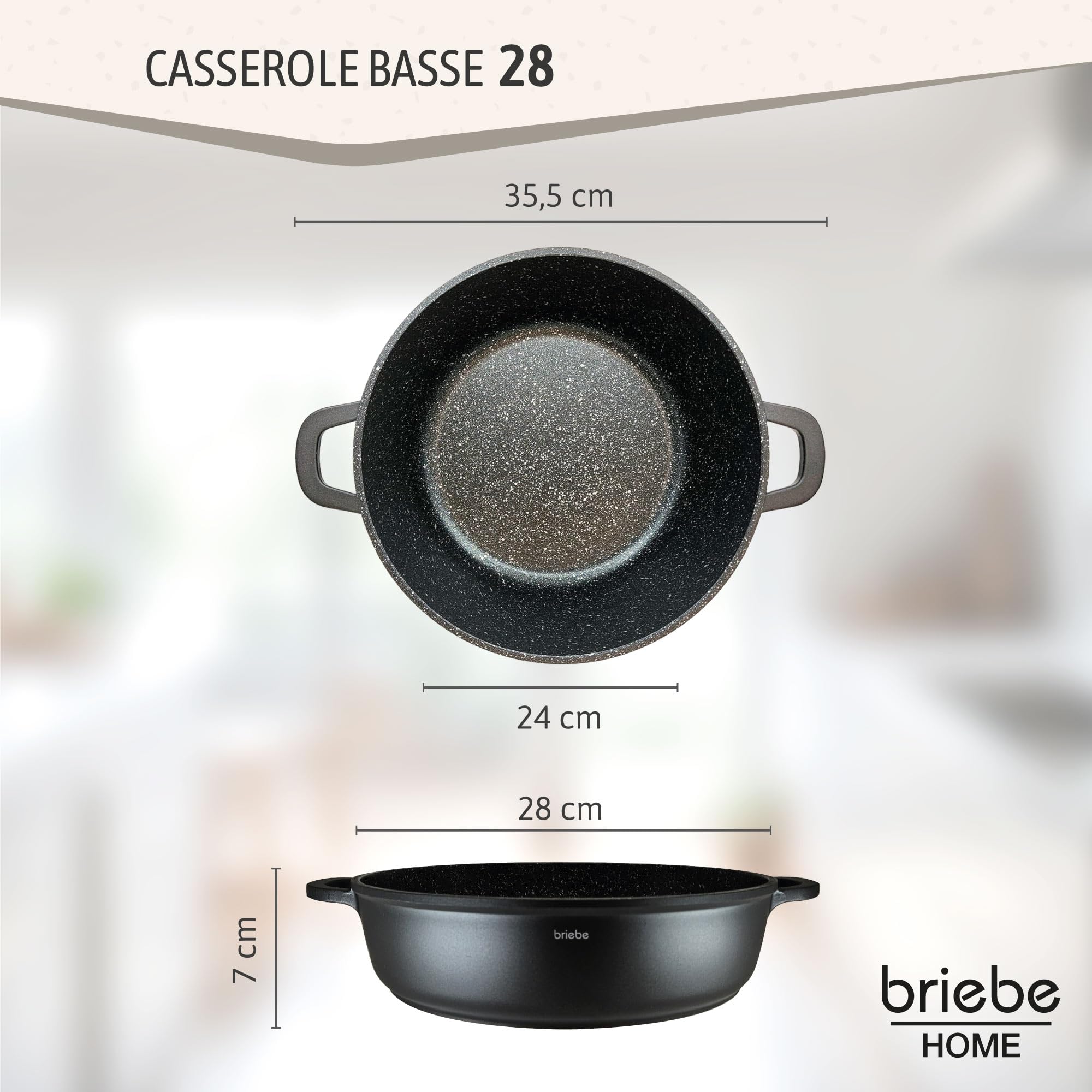 Briebe Casseruola con rivestimento antiaderente in titanio nero per cottura a induzione, in alluminio pressofuso, rivestimento senza PFOA, coperchio in vetro, manici in silicone, vetroceramica, per