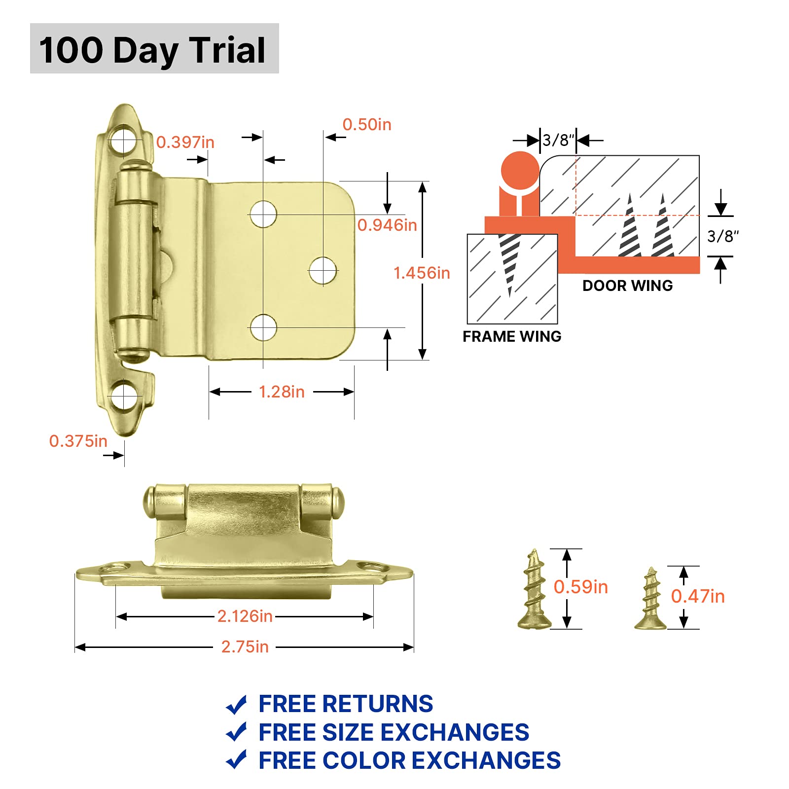 homdiy 3/8" Brass Cabinet Hinges Gold Cabinet Door Hinges 20 Pairs (40 Units) Inset Hinges - Brushed Gold Cabinet Hinges Self Closing Hinges Heavy Duty Face Mount Hardware