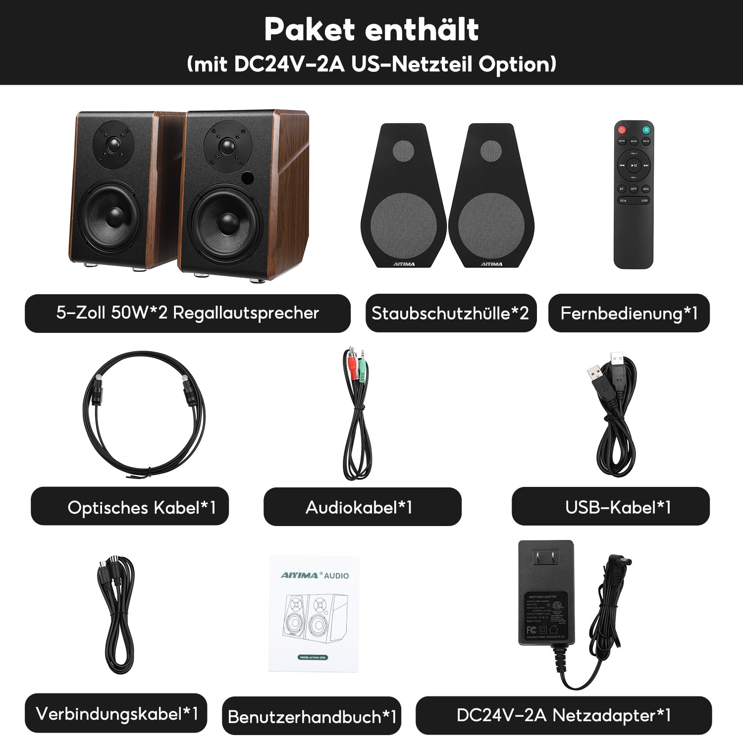 AIYIMA S700 2.0 Aktive Regallautsprecher, 100W Studio Monitor mit 5.25" Woofer, Bluetooth 5.0, HDMI ARC, Optische, RCA, USB Eingänge, Subwoofer Ausgang, HiFi Bookshelf Lautsprecher für PC & Heimkino