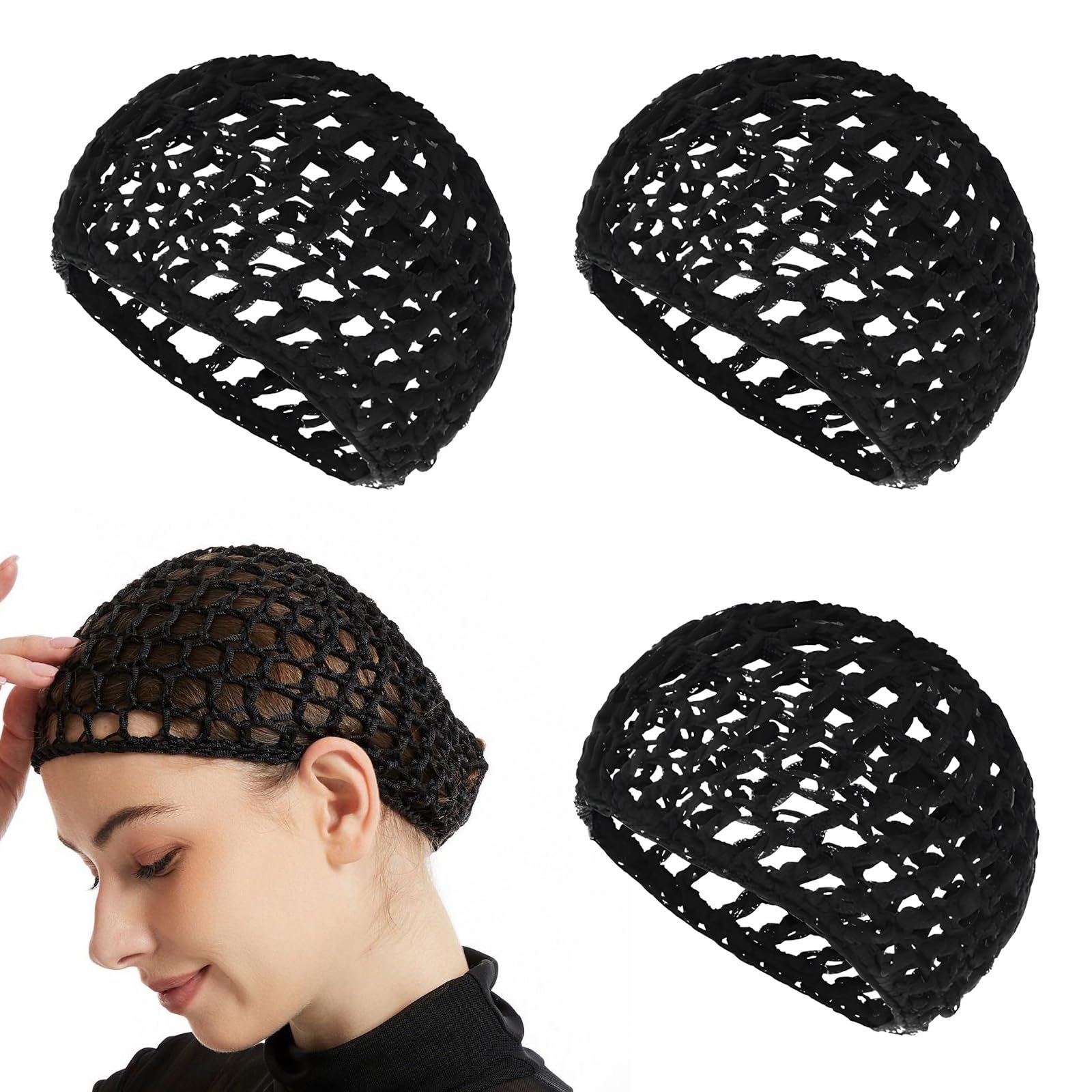 FunnAura 3 PCS hair nets for sleeping in Mesh Hair Net for women (Black), 19 * 17 cm