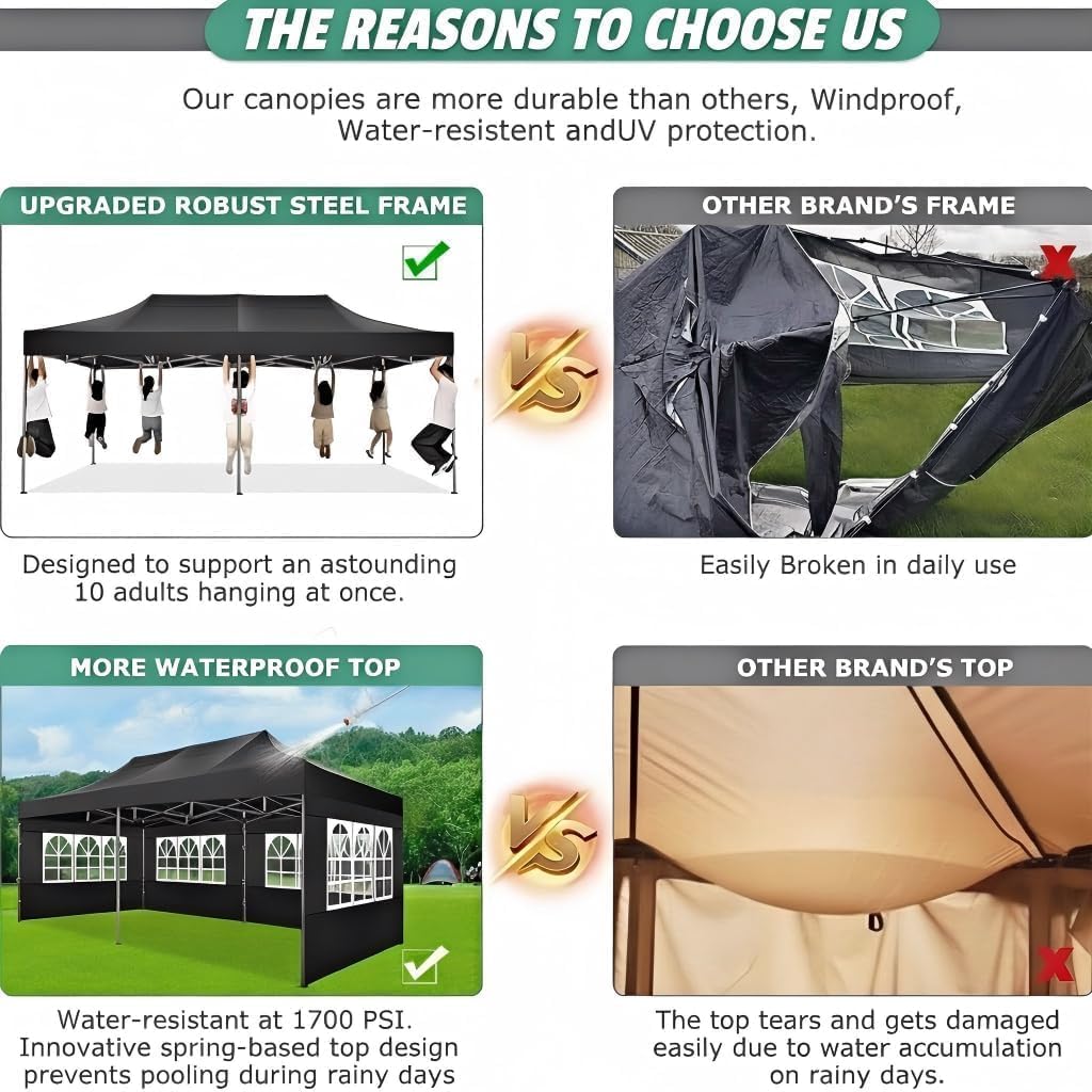 COBIZI 10x20 Pop Up Canopy Heavy Duty with 6 Removable Sidewalls, Commercial Heavy Duty Pop Up Tent for Parties All Weather Waterproof and UV 50+ Wedding Tent with Roller Bag(Frame Upgraded)