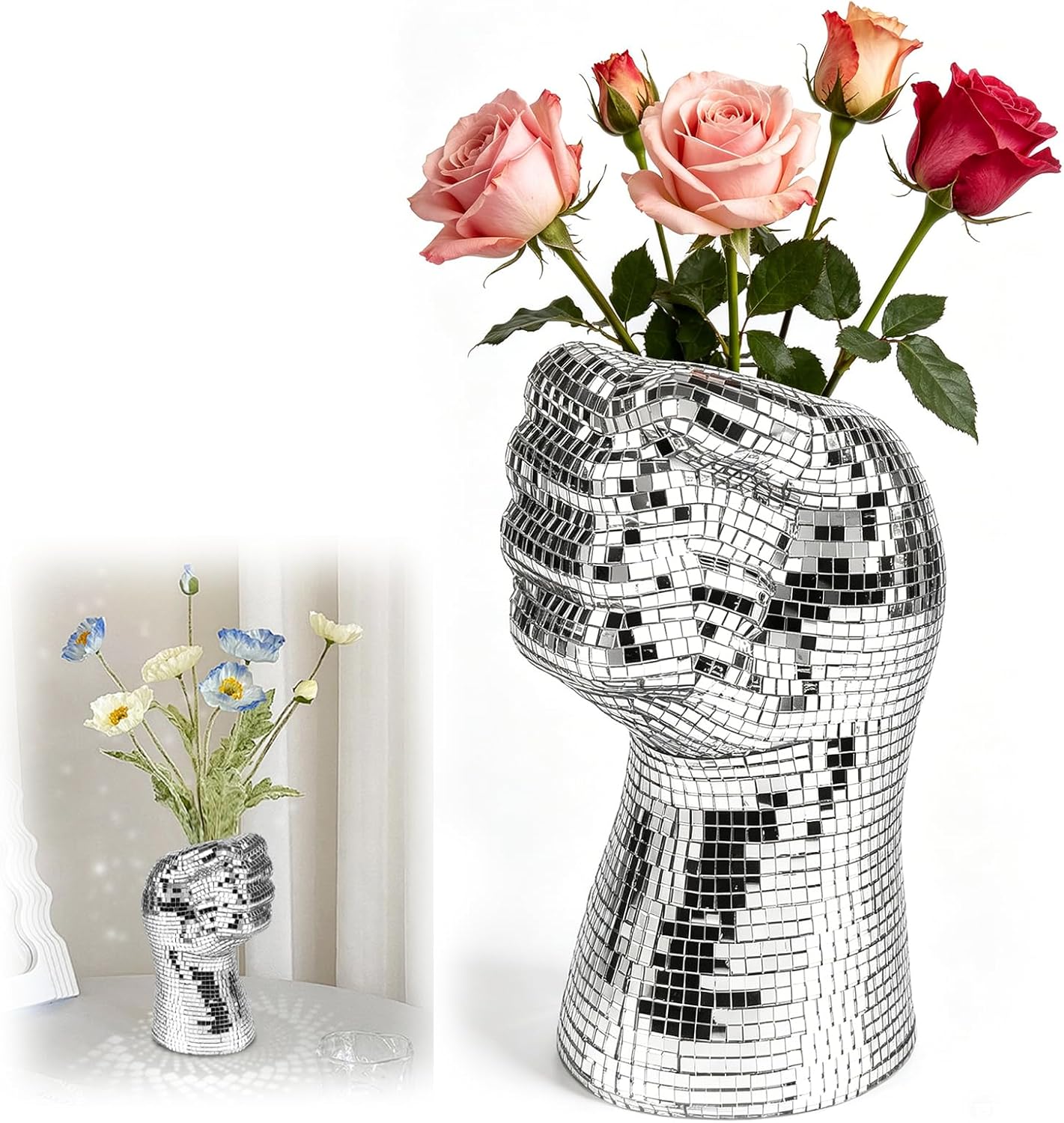 1Pcs Disco Ball Vase, Silver Mirror Finish Disco Ball Planter, Home Living Room Balcony Study Desk Party Decor.