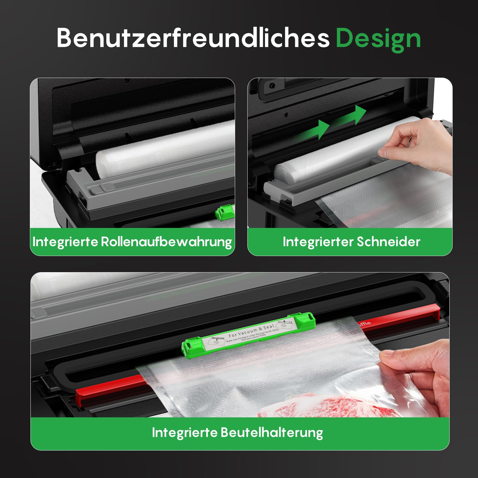 FRESKO Vakuumiergerät 18L/min,140 W, Integrierter Beutelschneider, AutoMax | Vollautomatisches System mit Stauraum, Vakuumiergerät Testsieger Note 1,2, 1 Vakuumrolle sowie 10 Beutel, V8