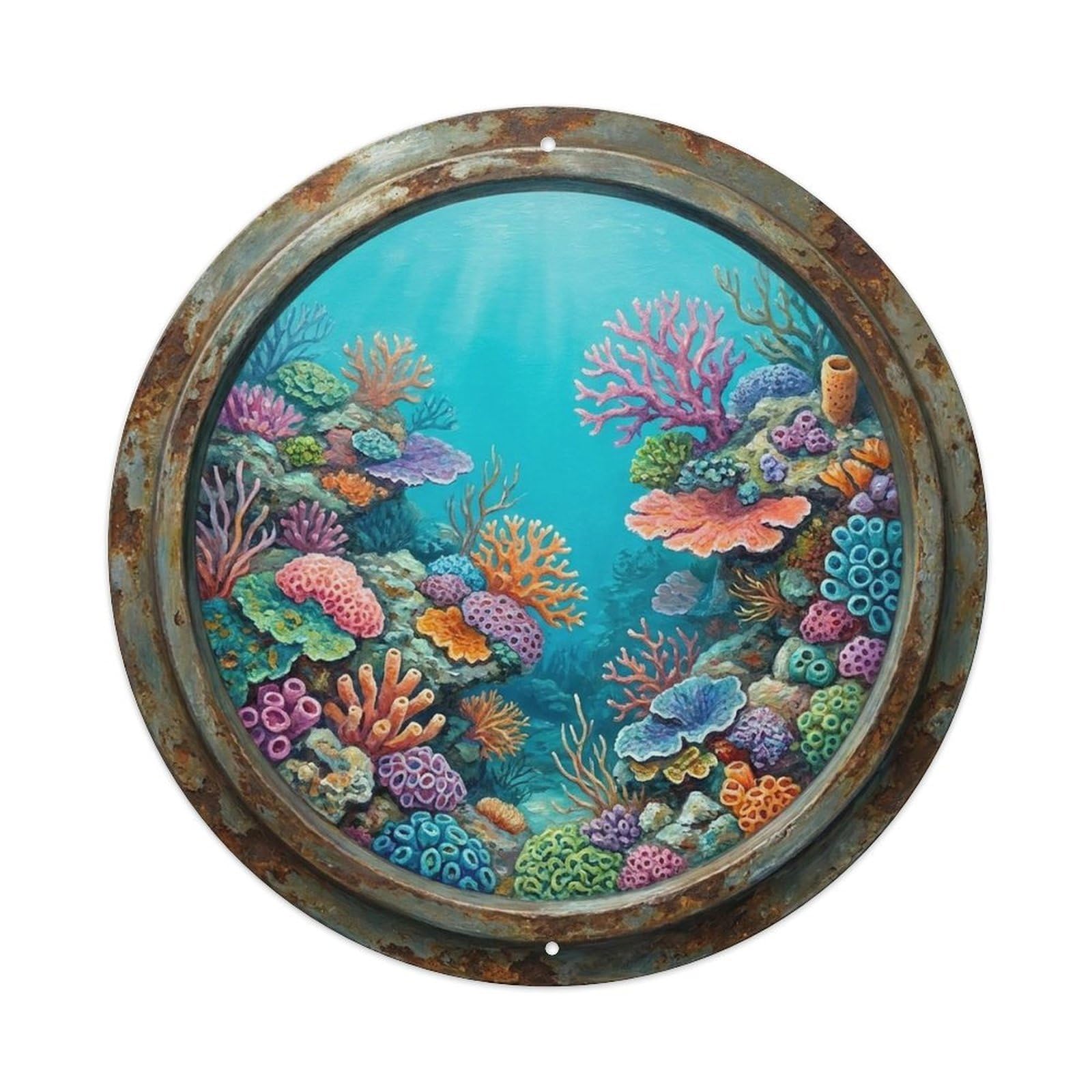 Vintage Porthole Encrusting Coral Ship Window Under Deep Metal Tin Sign