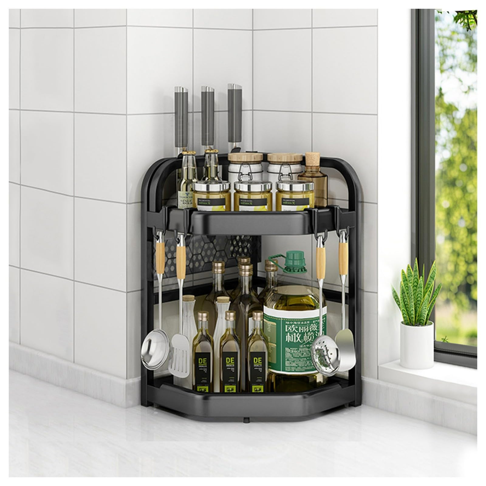 HADECOLL Corner Spice Rack, Stainless Steel And Abs Kitchen Shelf With Knife Holder, Hooks, Rustproof Design For Countertop Storage,2 Tier-S